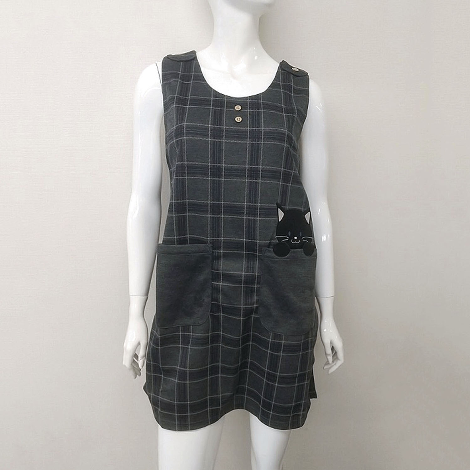 ダンボール 格子柄 黒猫アップリケ