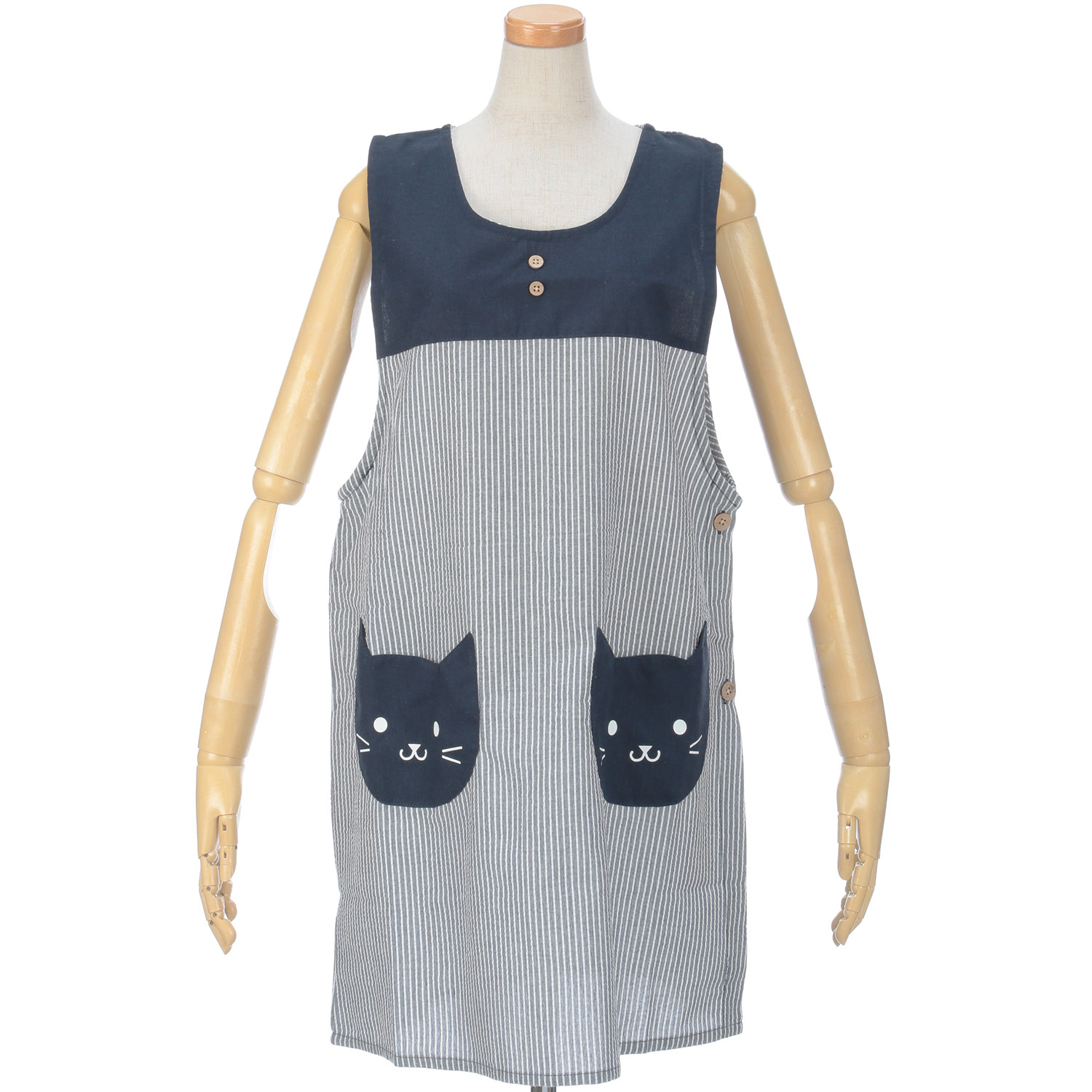 先染めストライプ猫ポケットエプロン - 画像3