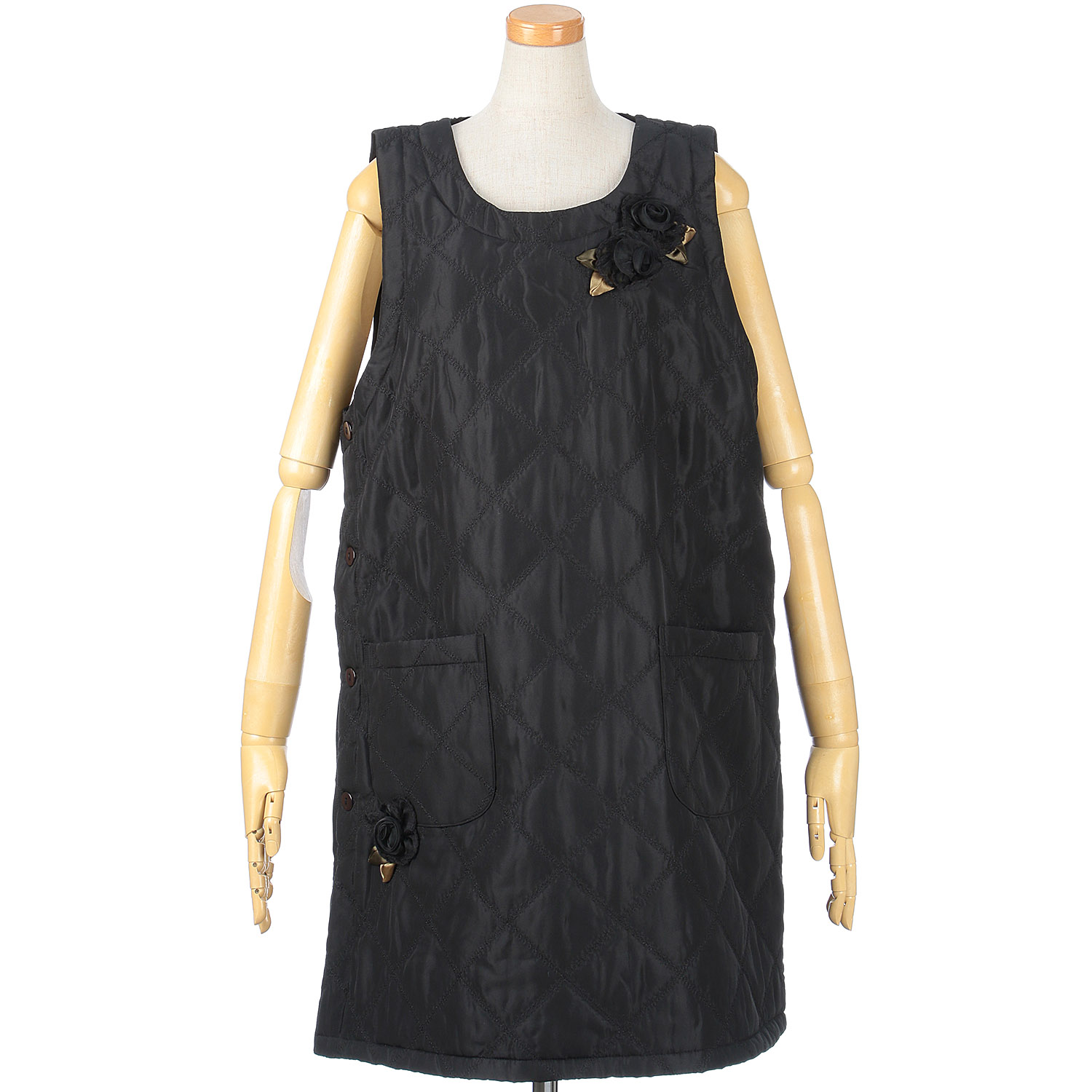 中綿キルト花モチーフ脇ボタンエプロン - 画像2