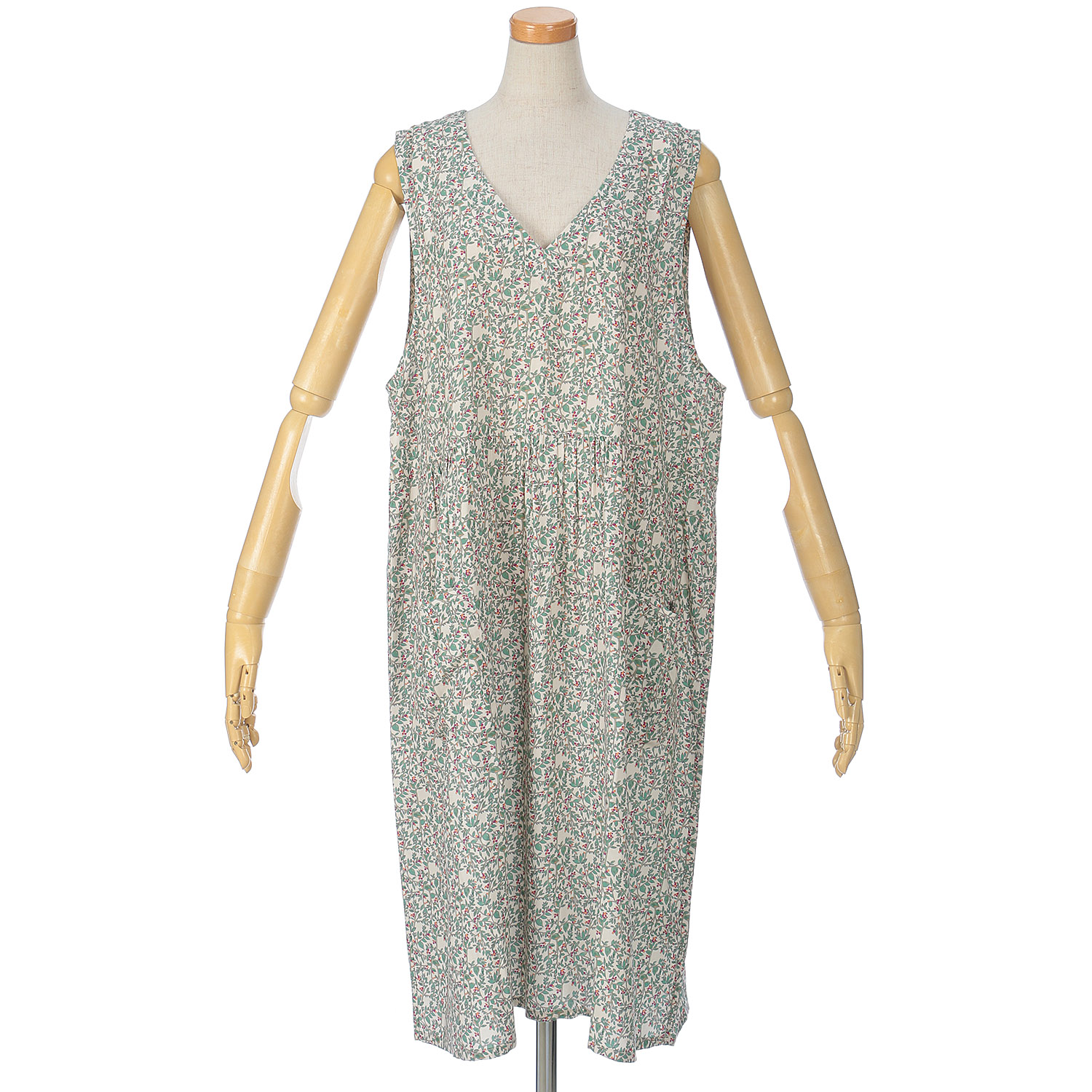 レーヨン花柄Vネックエプロンドレス - 画像1