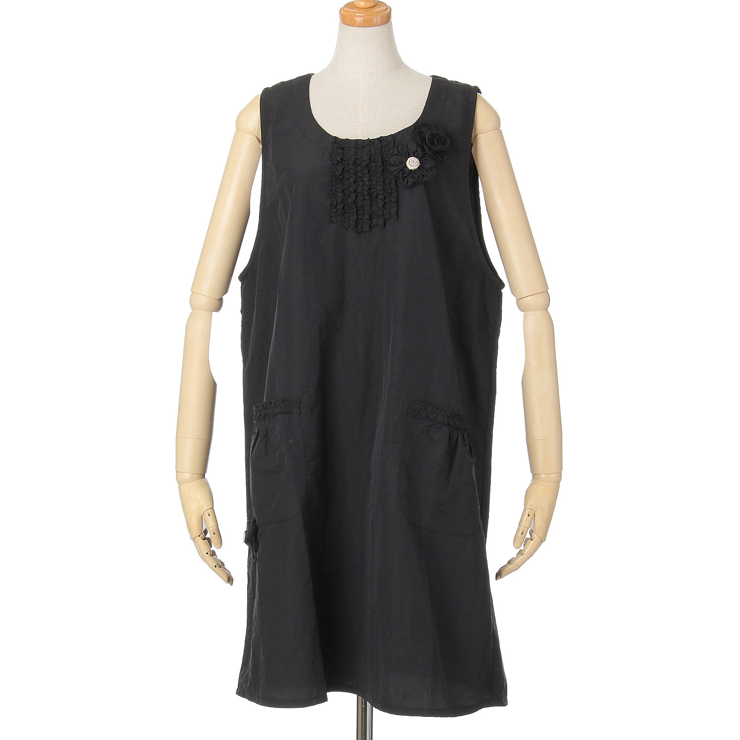 ナイロンフリル花モチーフ背あきエプロン