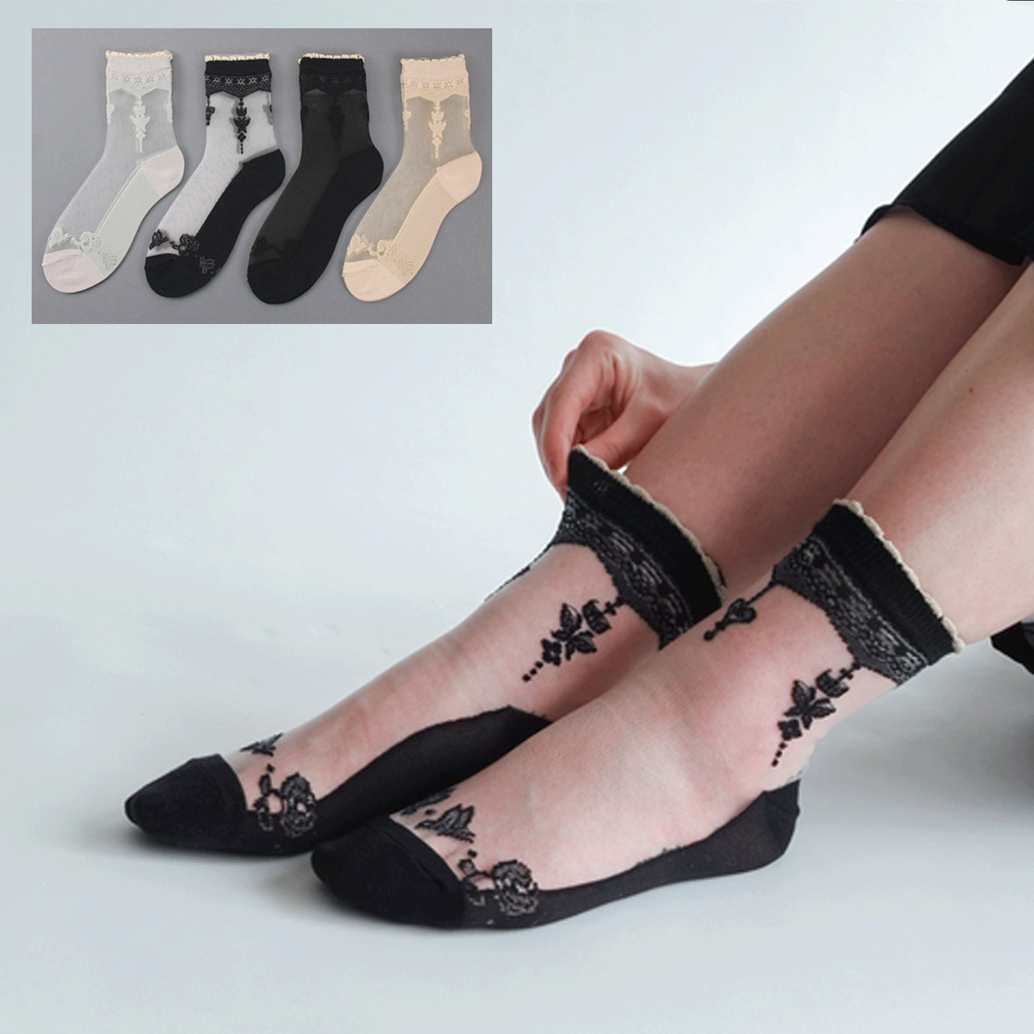 シースルーソックス 花・蝶柄 - 画像1