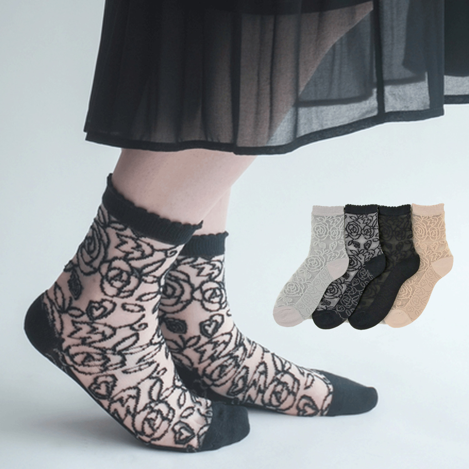 大人気★シースルーソックス レース薔薇柄 - 画像1