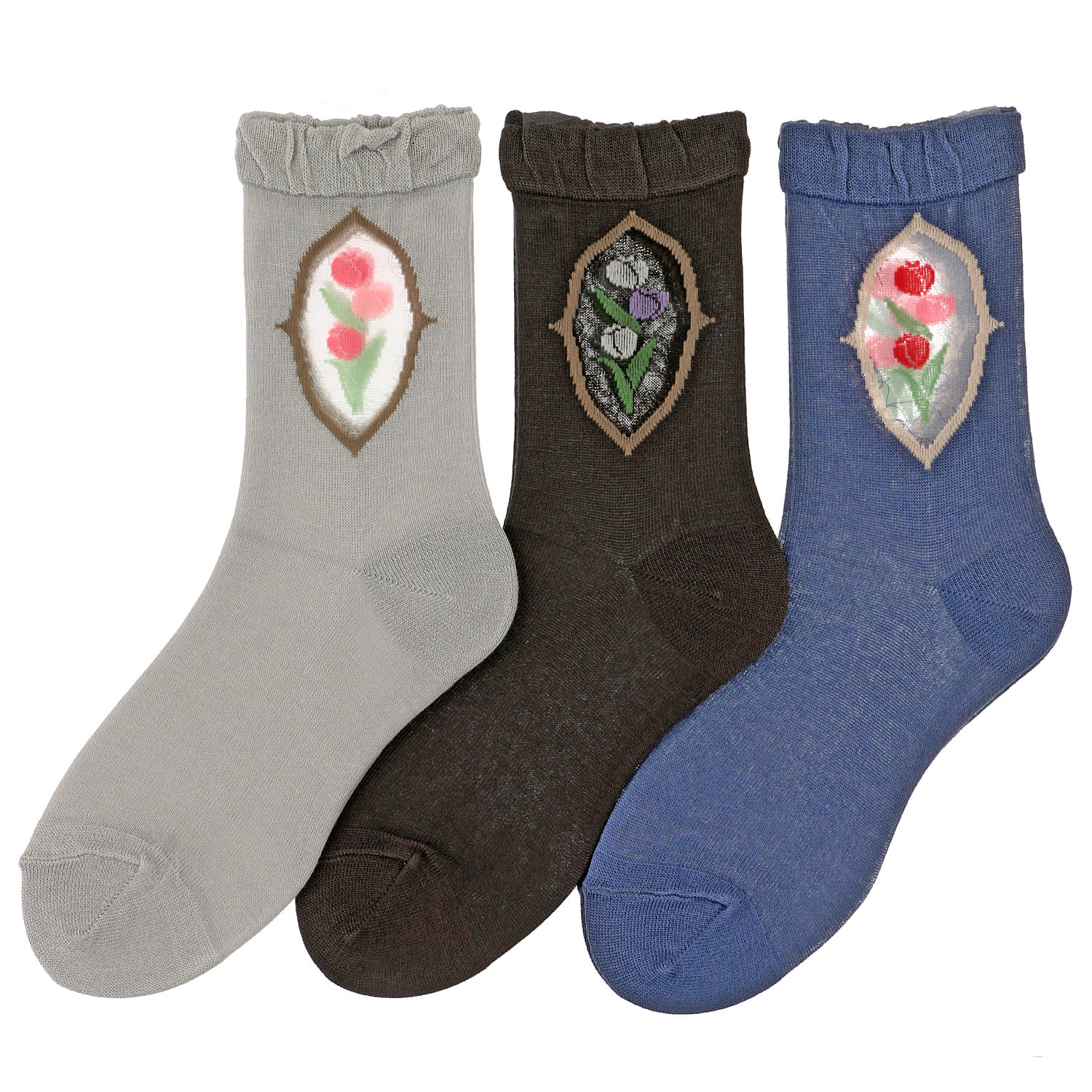 シースルーソックス 丈長  シルク混 くりぬき チューリップ柄