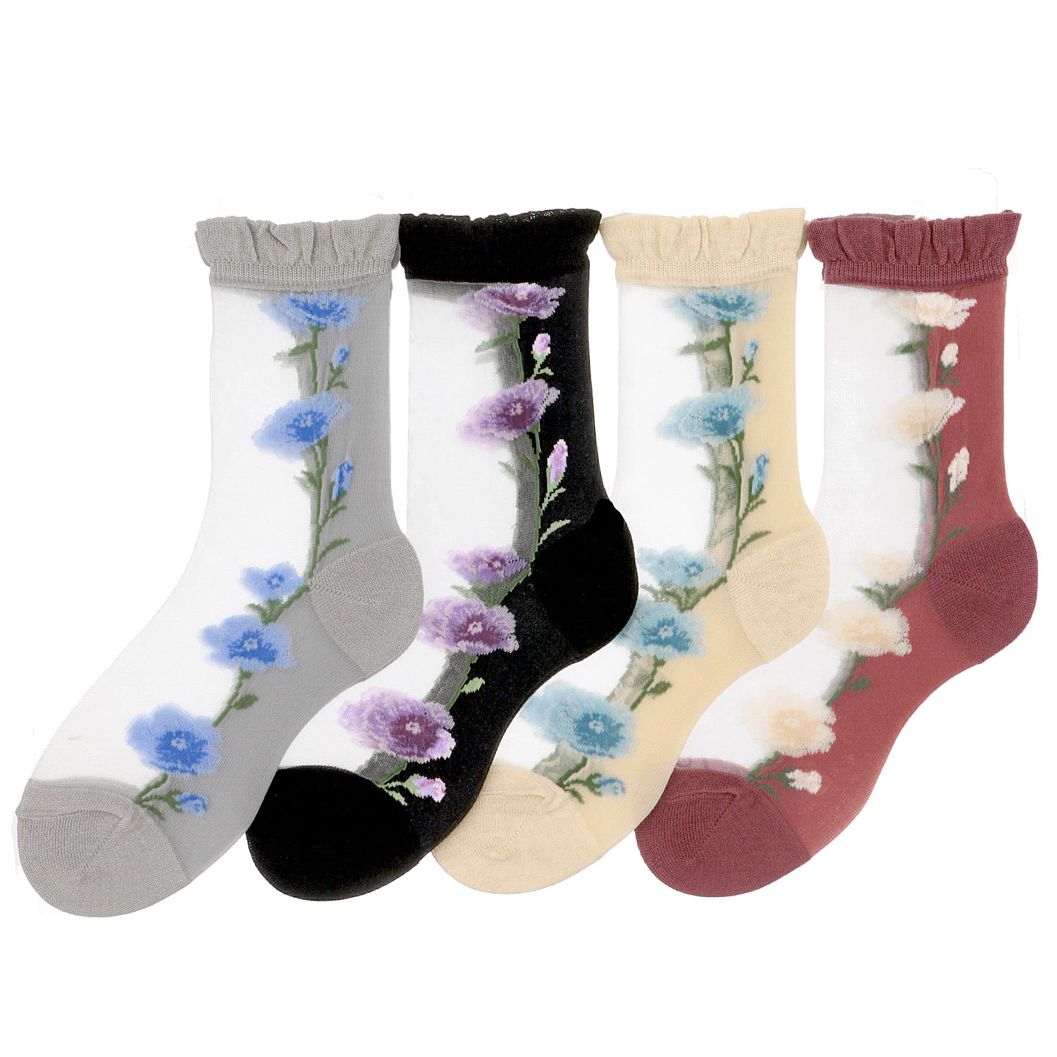 シースルーソックス 丈長  花柄（タチアオイ） - 画像1