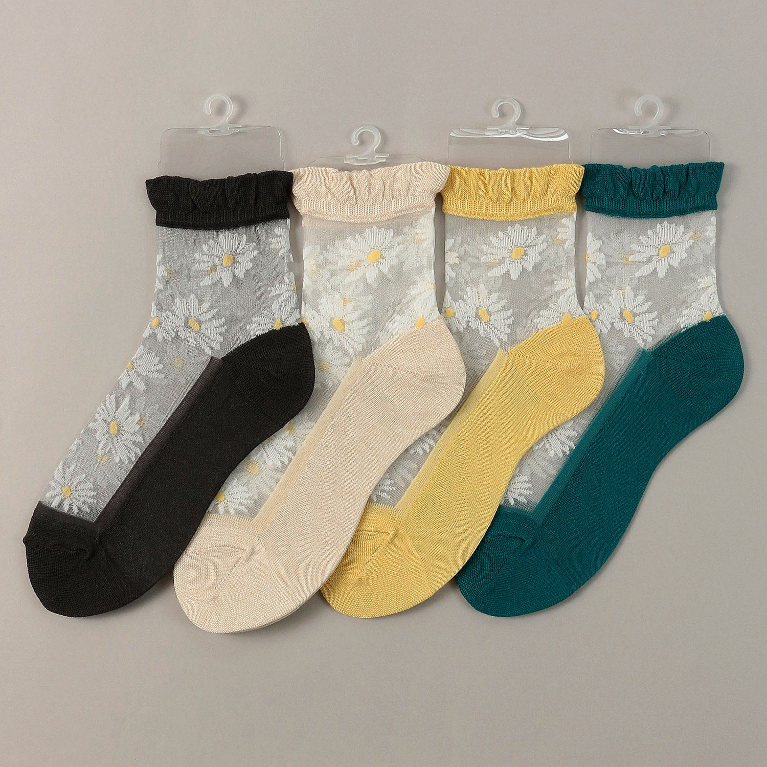 シースルーソックス クルー丈 マーガレット花束柄 - 画像1