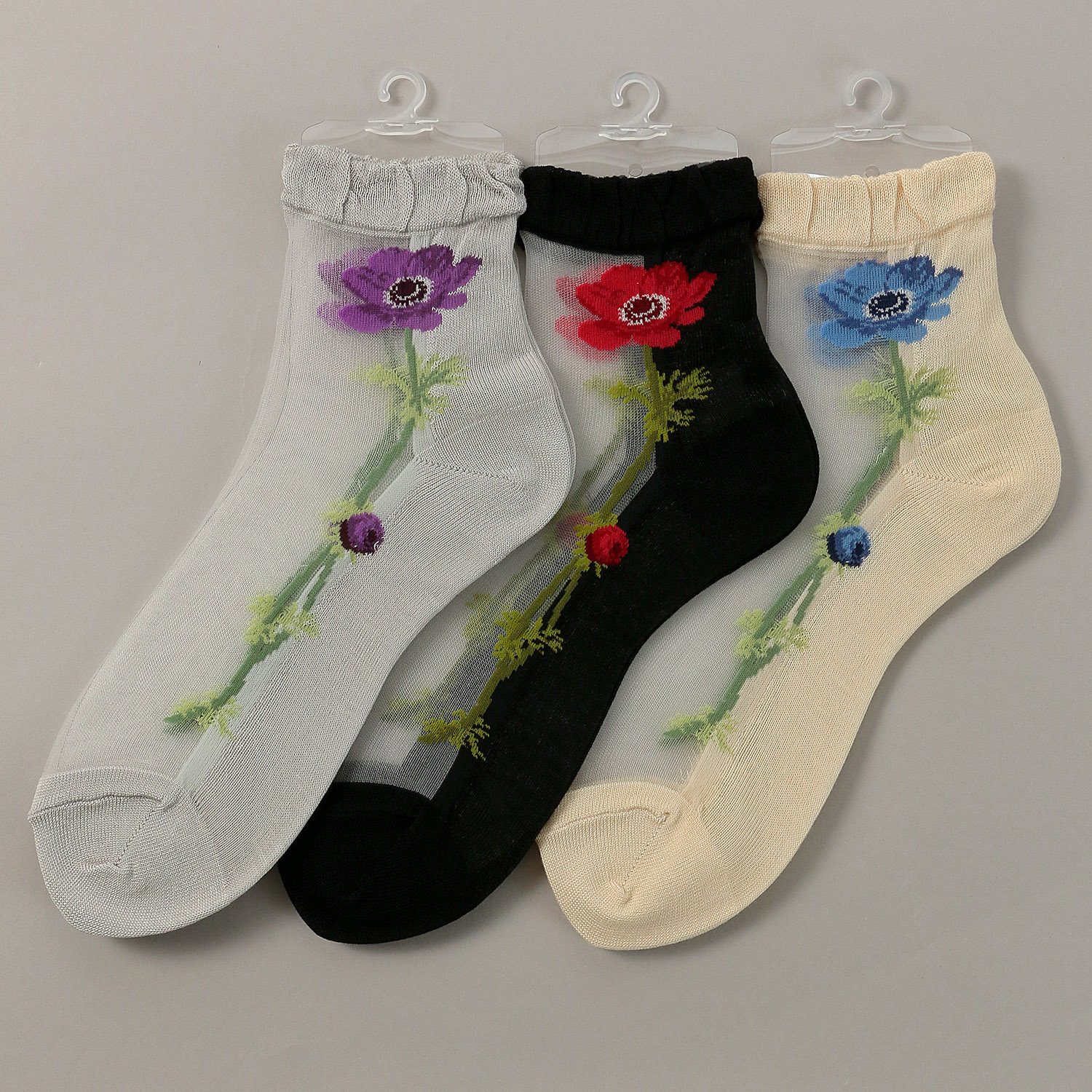 【26SS先行予約】 シースルーソックス クルー丈 大寸（24－26cm） アネモネ柄 靴下 - 画像1