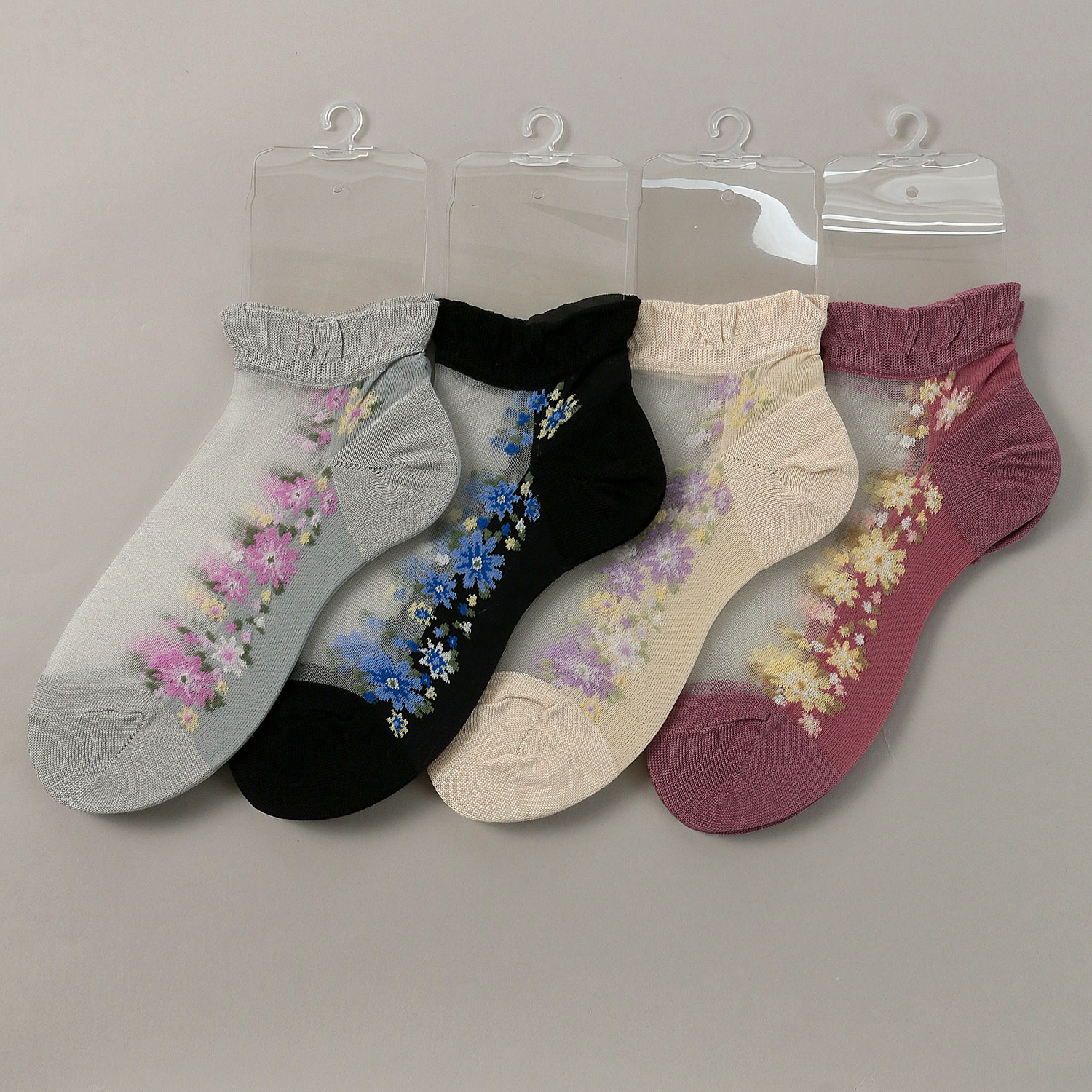 シースルーソックス ショート丈 ライン花柄