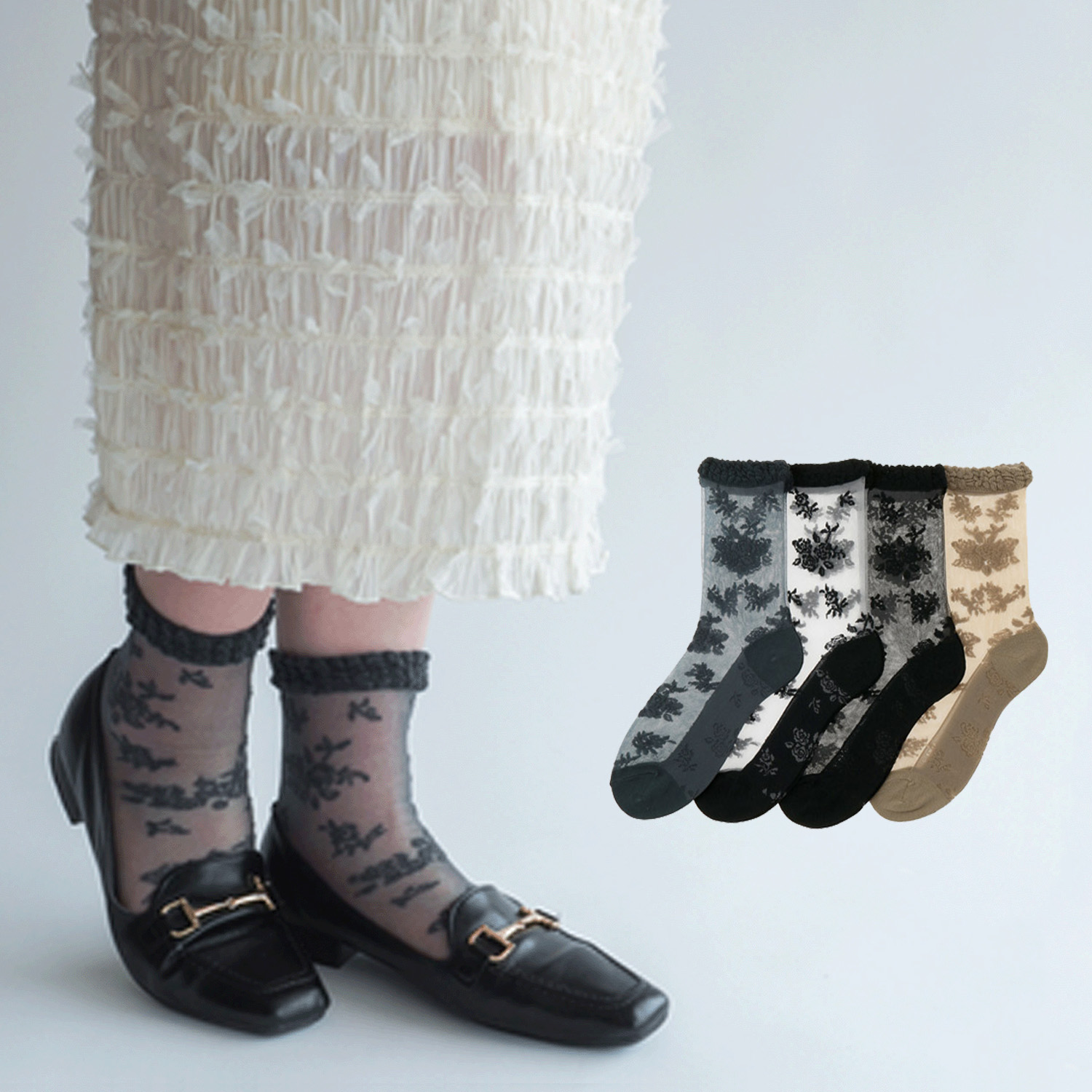 大人気★シースルーソックス 総バラ柄 - 画像1