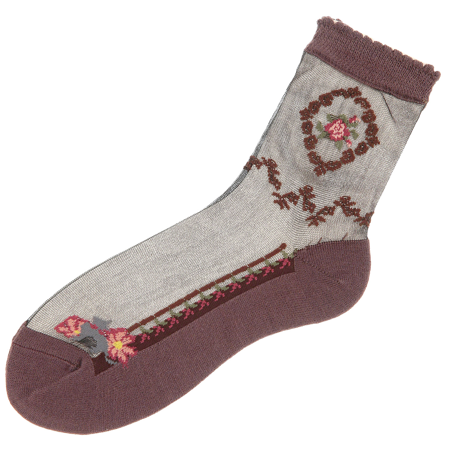 シースルーソックス アンゴラ混 バラとネコ【在庫限り】 - 画像1