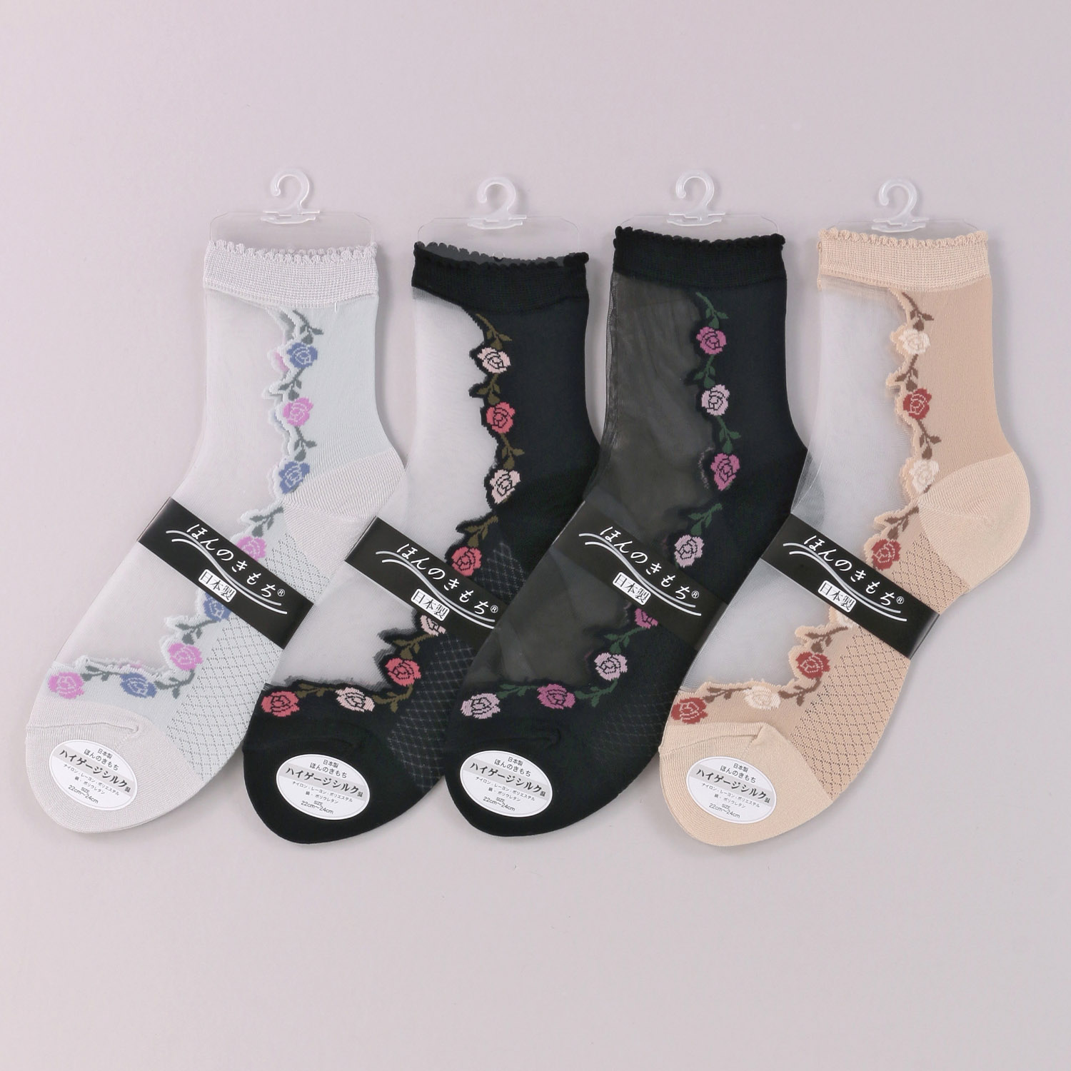 シースルーソックス ほんのきもち ハイゲージ シルク混 2色バラ柄 靴下【在庫限り】 - 画像1