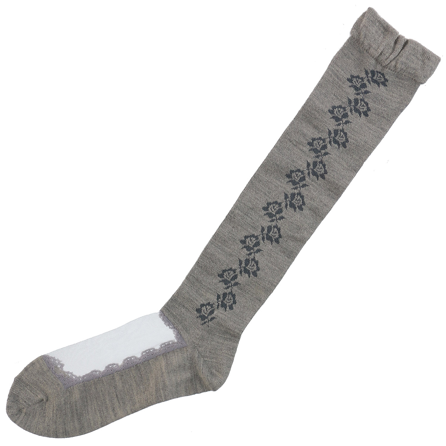 シースルー ハイソックス 毛混 サイドフラワー 靴下 - 画像2