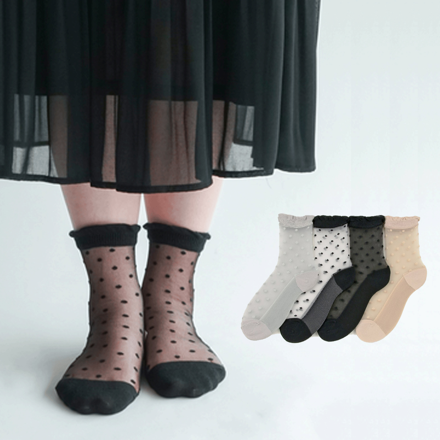 大人気★《大寸》シースルーソックス 小ドット底付 - 画像1