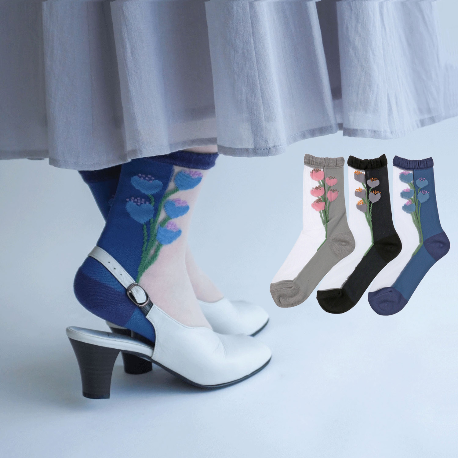 北欧調  お花柄 シースルーソックス - 画像1
