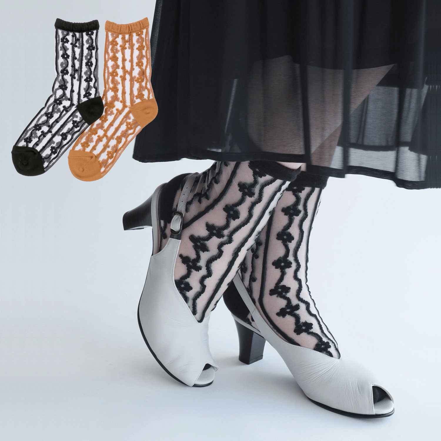 北欧調  お花 ストライプ柄 シースルーソックス - 画像1