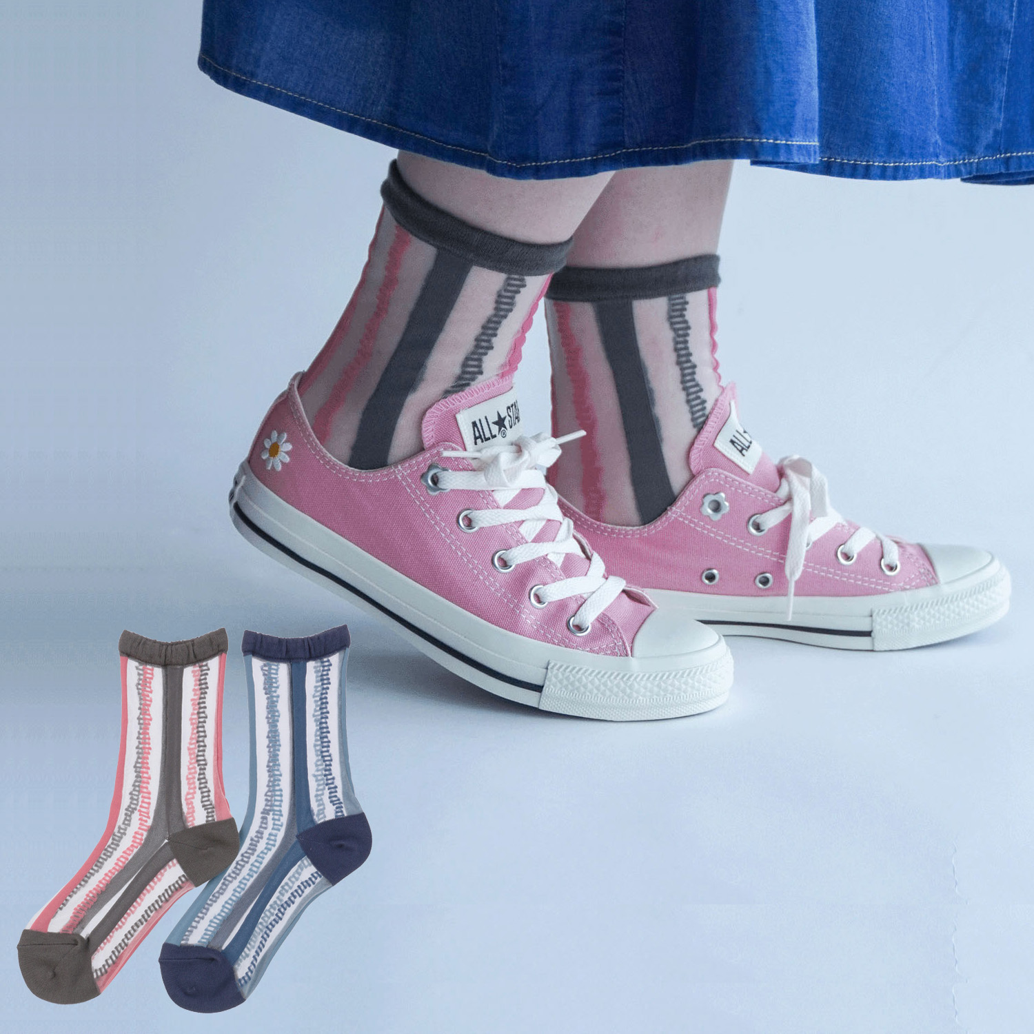 北欧調 幾何学ストライプ柄  シースルーソックス