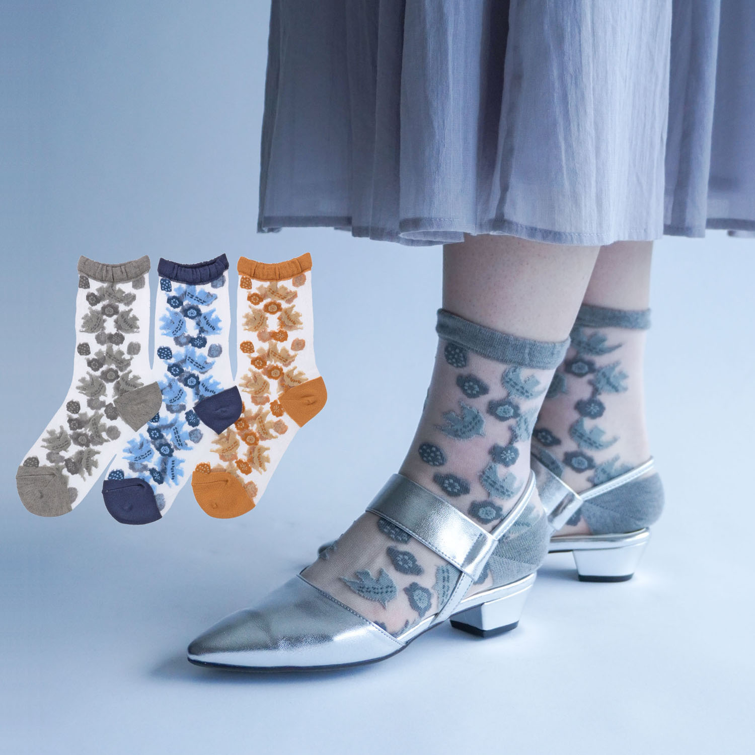 北欧調  鳥とお花総柄 シースルーソックス