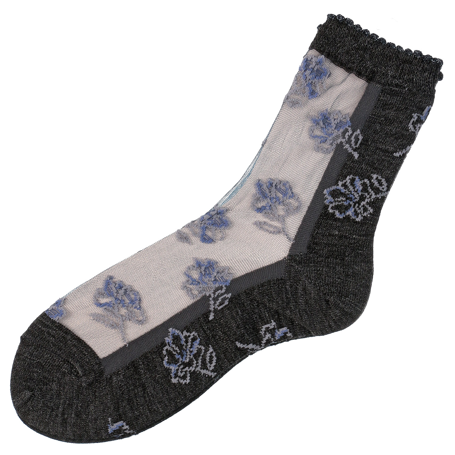 シースルーソックス  カシミヤ混 花柄 靴下【在庫限り】