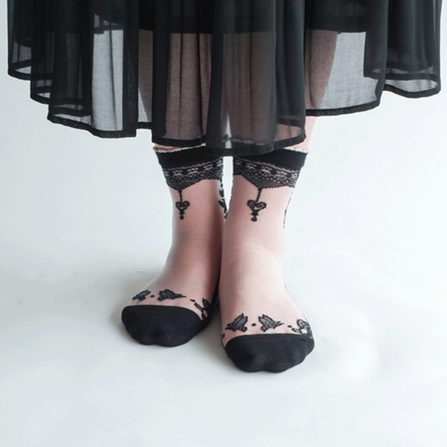 ≪大寸≫シースルーソックス 花・蝶柄 - 画像6