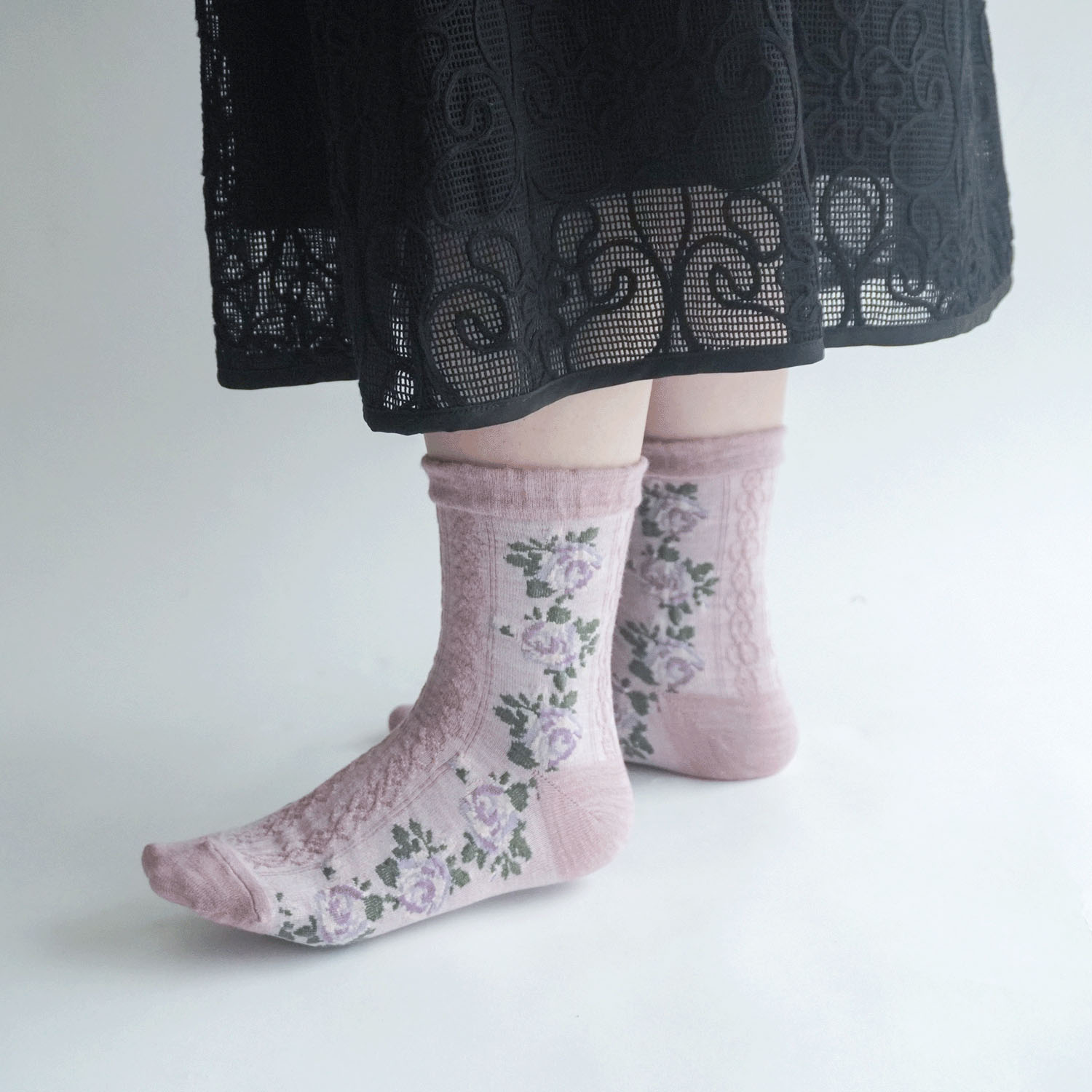 25AW ギュレ カシミヤ混 フロート波 バラ柄 靴下 日本製【在庫限り】 - 画像11