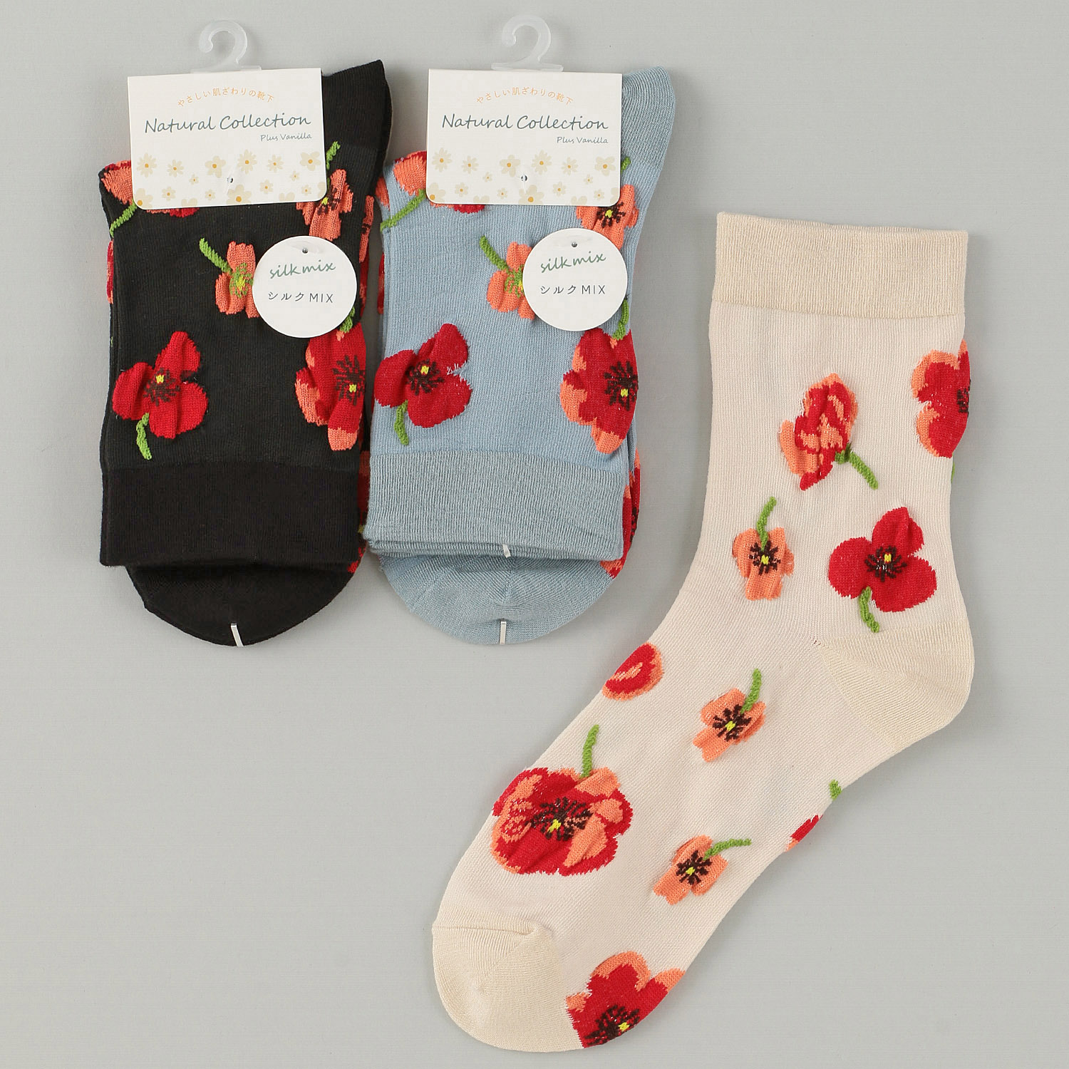 Natural Collection  クルー丈 シルクMIX ポピー柄  靴下