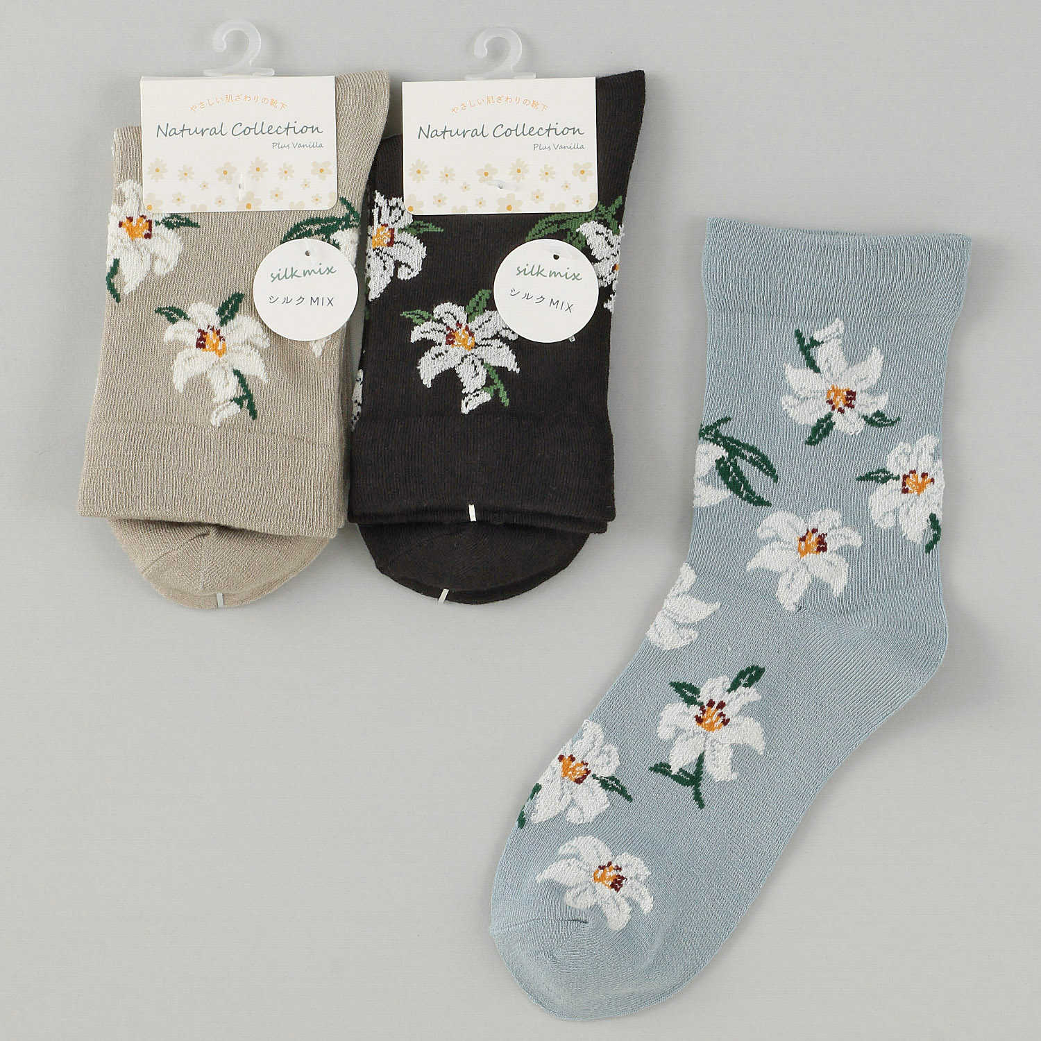 Natural Collection  クルー丈 シルクMIX カサブランカ柄 靴下