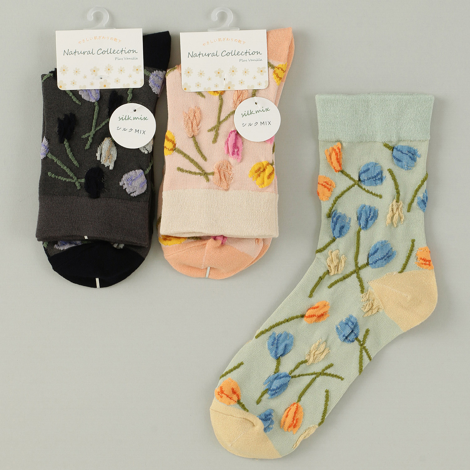 Natural Collection  クルー丈 シルクMIX チューリップ柄 靴下