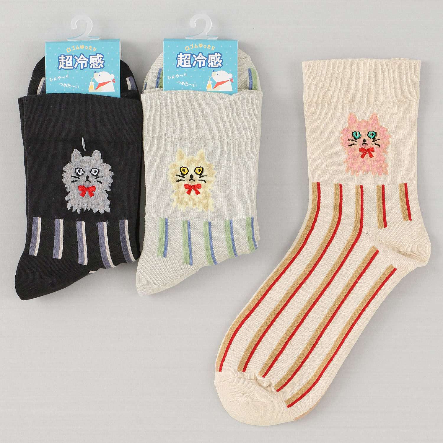 Natural Collection クルー丈 超冷感 ストライプ ネコ柄  靴下 - 画像1