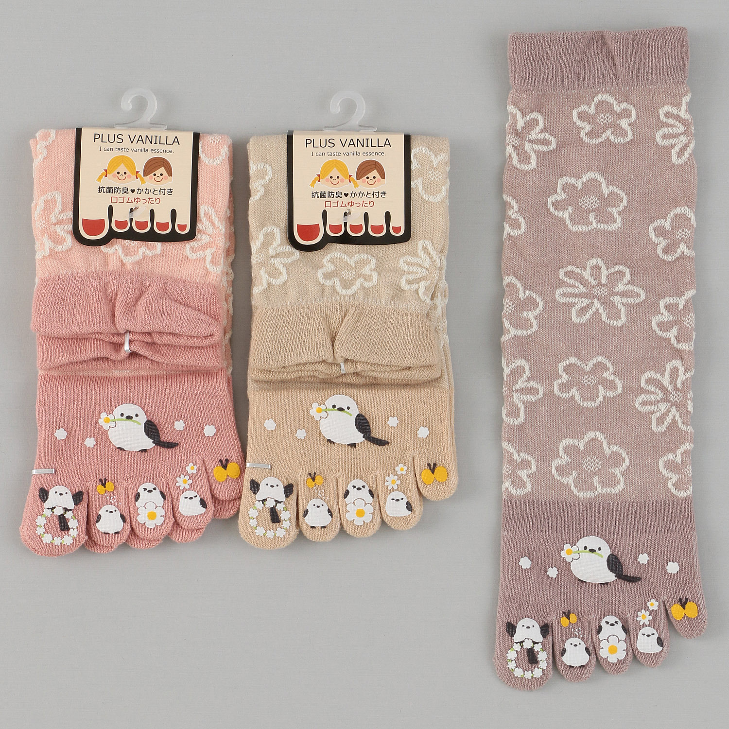 5本指 クルー丈 花とシマエナガ  ラバー付き  靴下