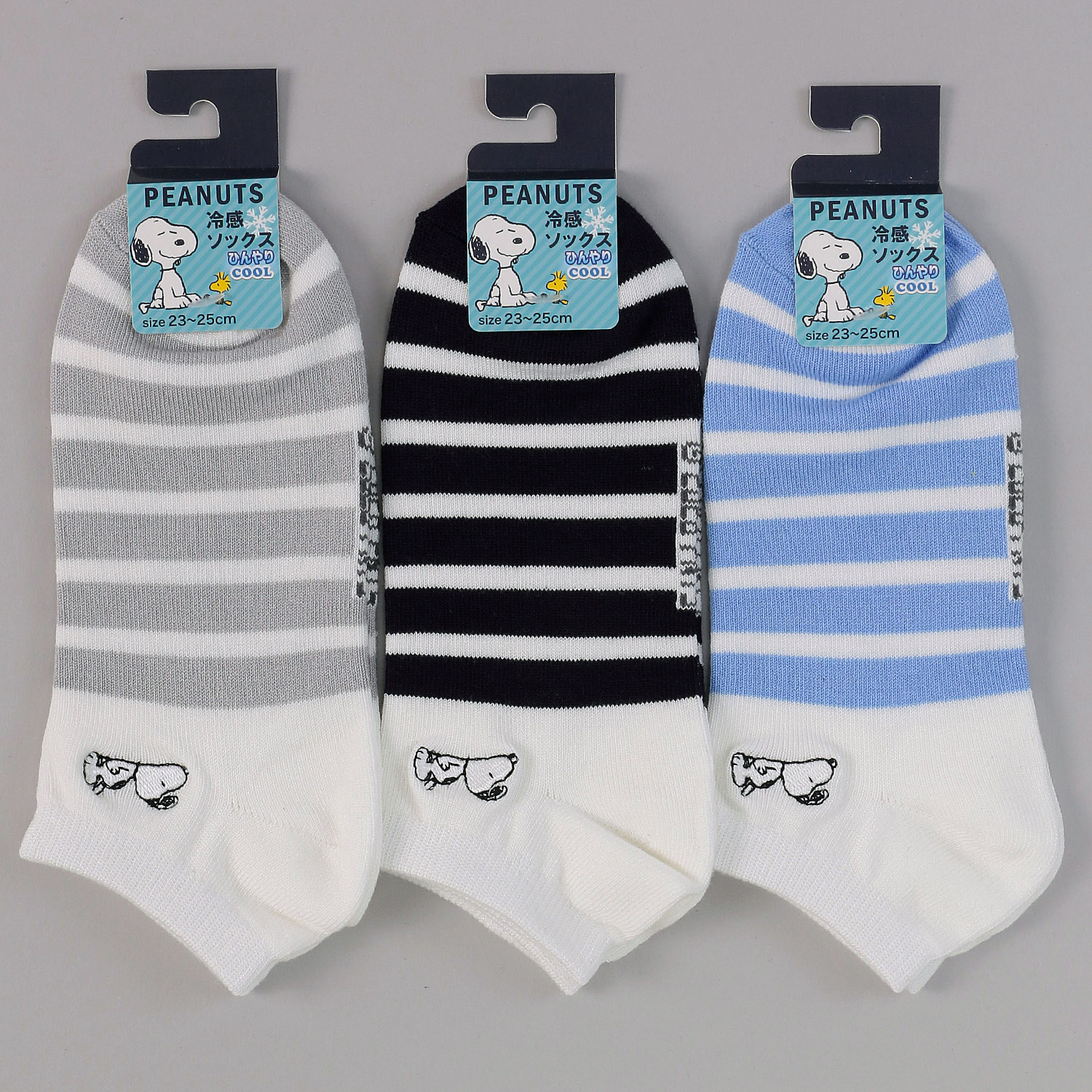 スニーカー丈  冷感ソックス ボーダー 刺しゅう 靴下