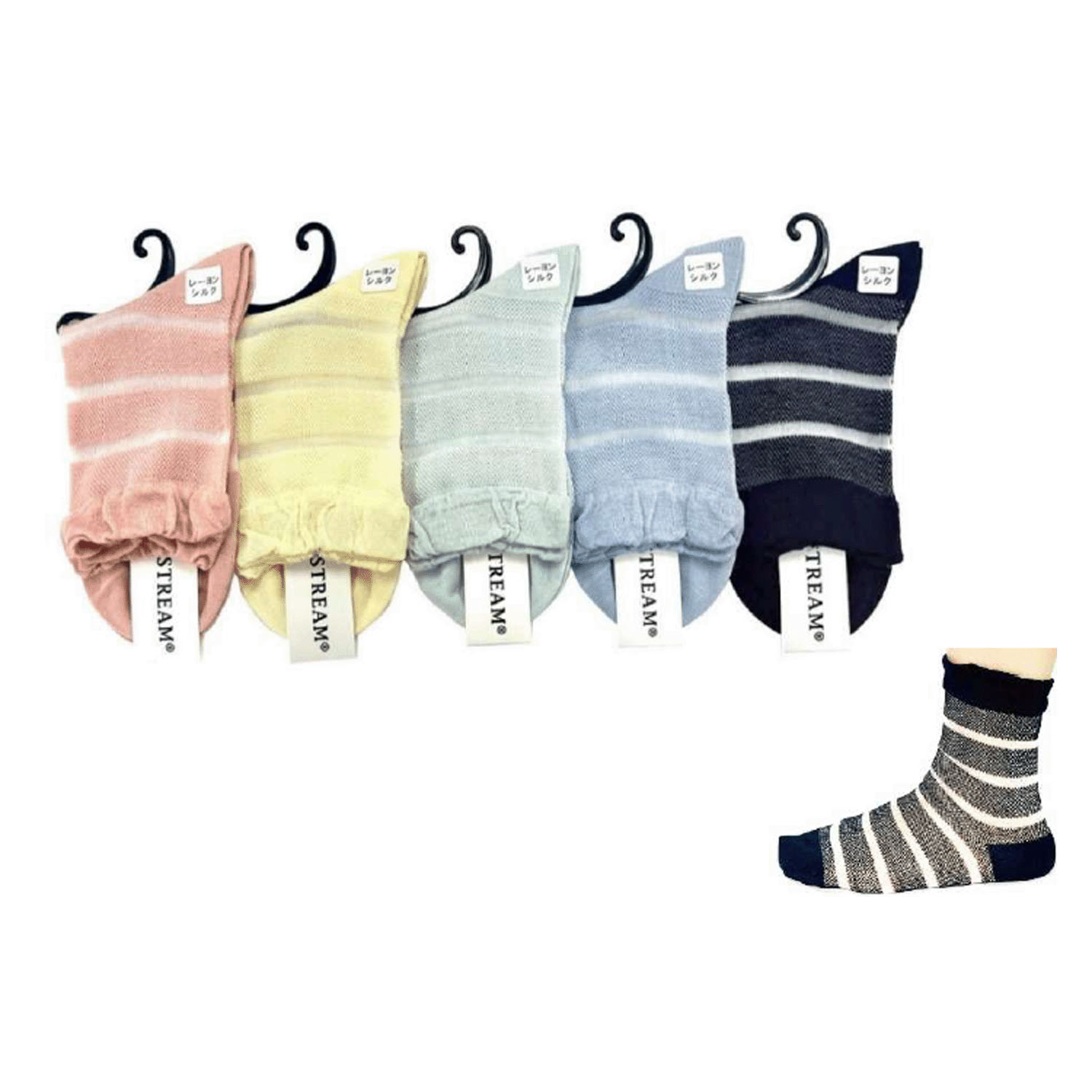 STREAM  ゴム口 シャーリング シースルーボーダー クルー丈 靴下 - 画像1
