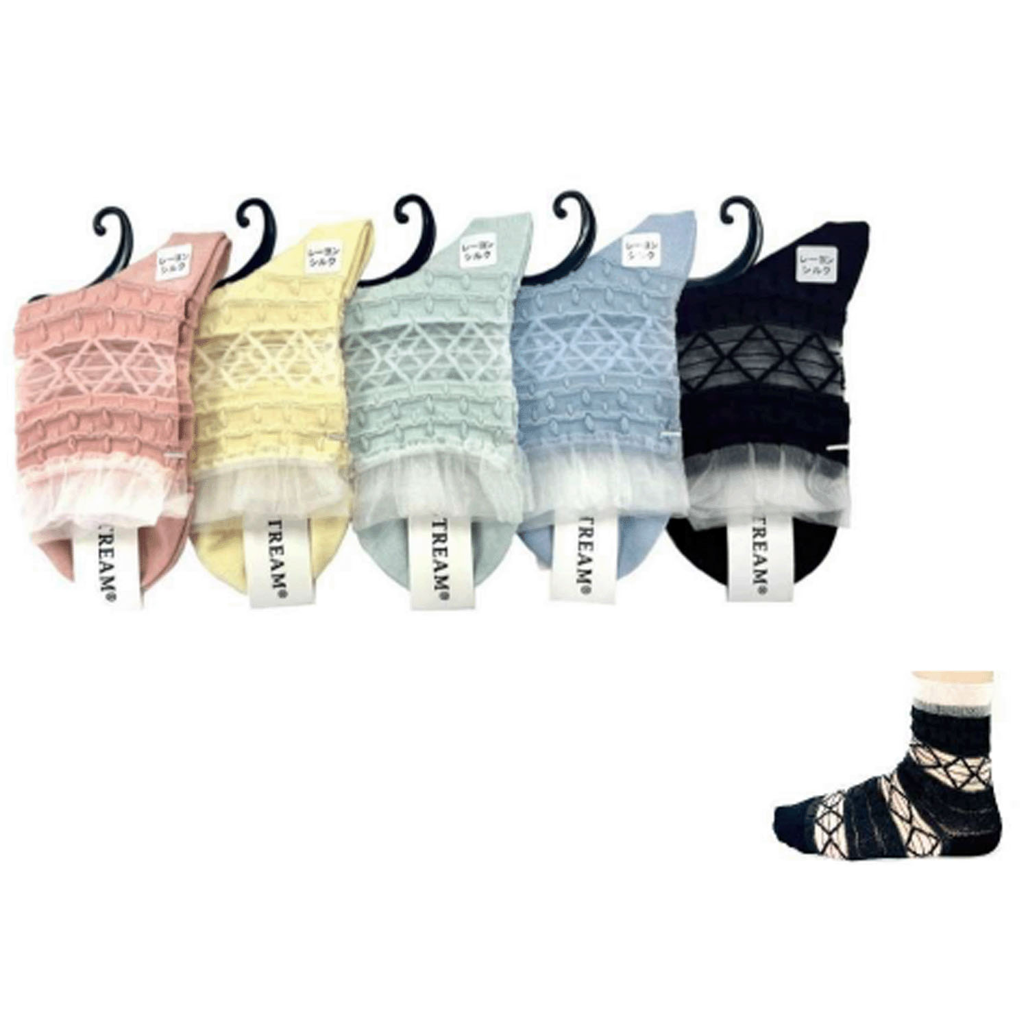 STREAM  シースルー切替フロート雫柄 クルー丈 靴下 - 画像1