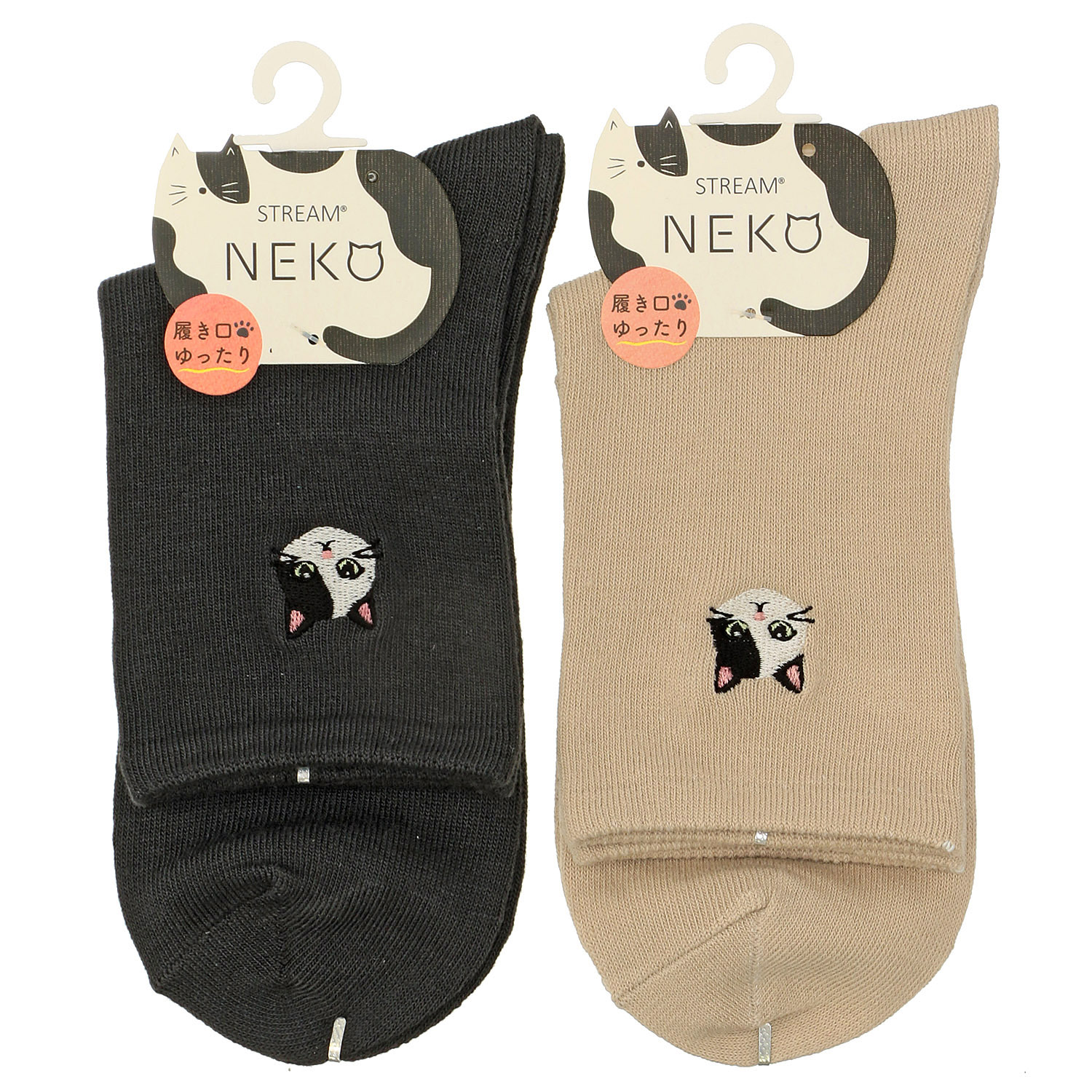 STREAM   ぶちネコ 刺しゅう  ロークルー 靴下 - 画像2
