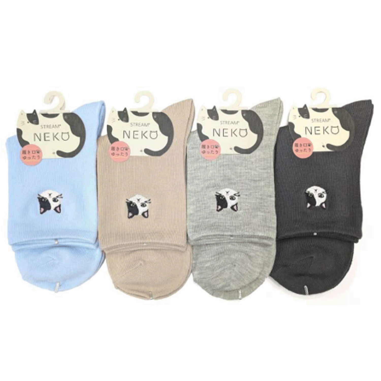 STREAM   ぶちネコ 刺しゅう  ロークルー 靴下 - 画像1