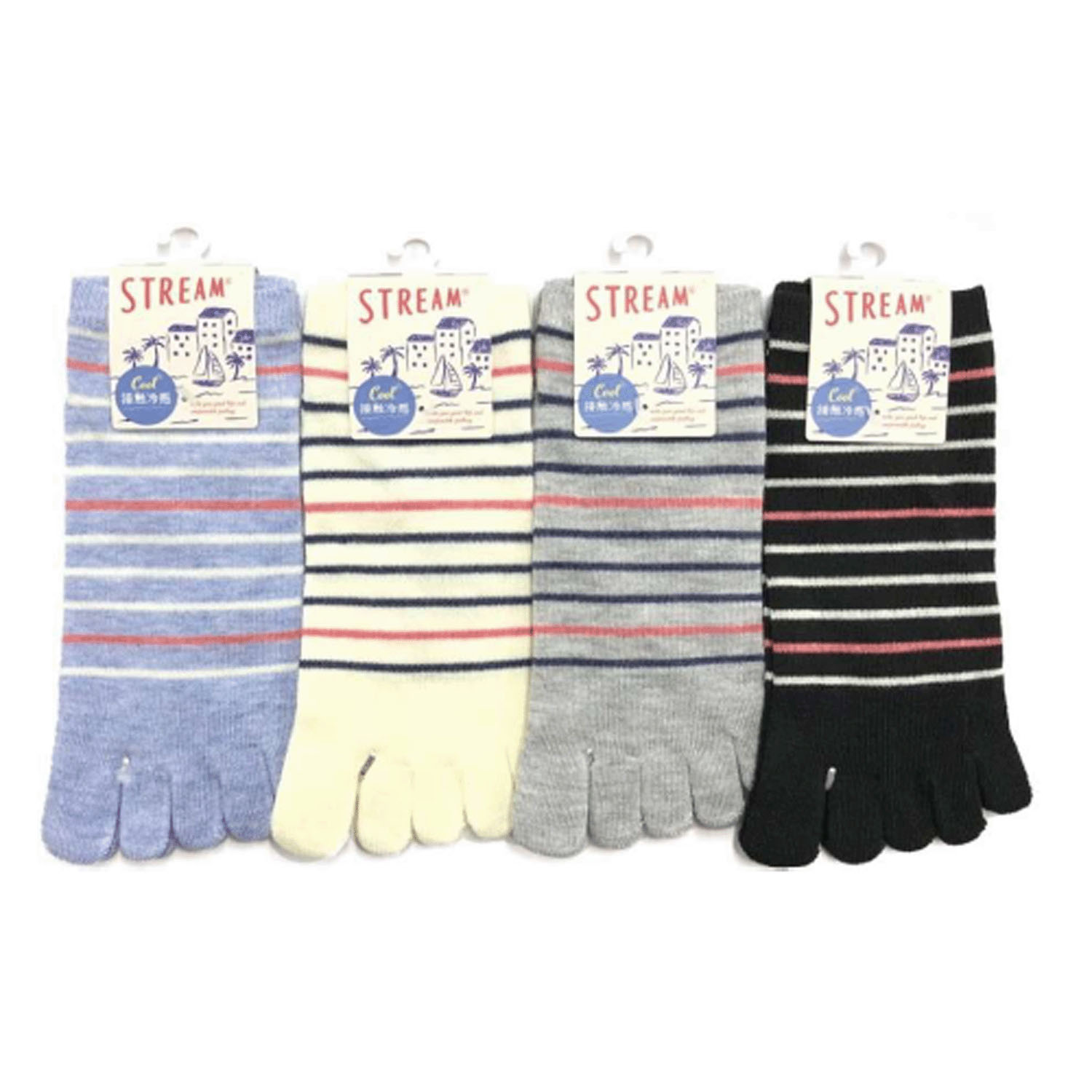 STREAM 5本指 接触冷感 スニーカー丈 マリンボーダー 靴下 - 画像1