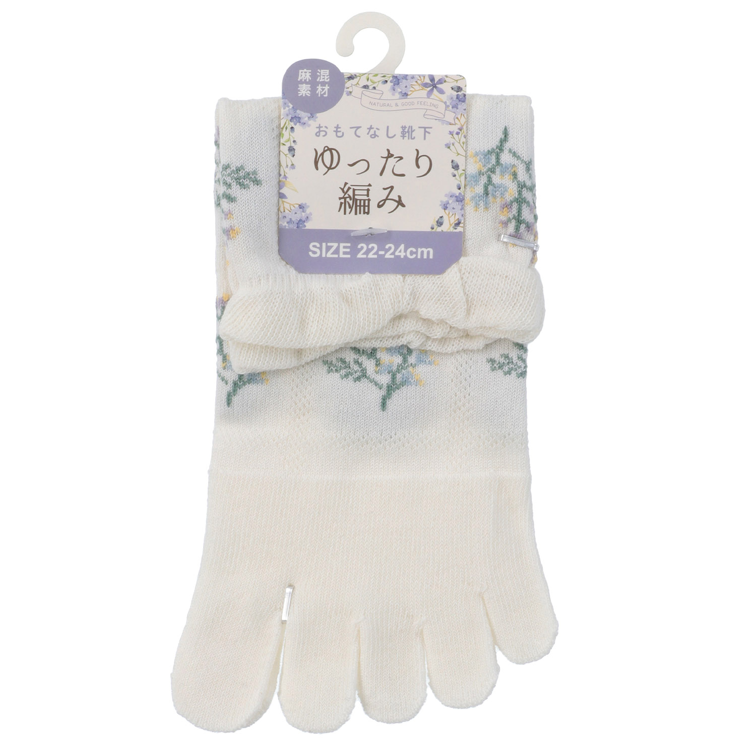 STREAM 5本指 ゆったり編み 麻混素材 ボタニカル柄 クルー丈 靴下 - 画像2