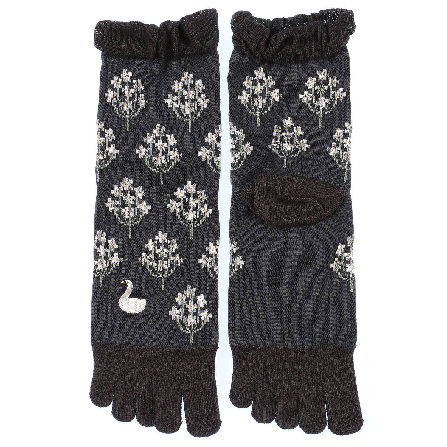 STREAM 5本指 白鳥刺繍と花柄 クルー丈 靴下 - 画像4