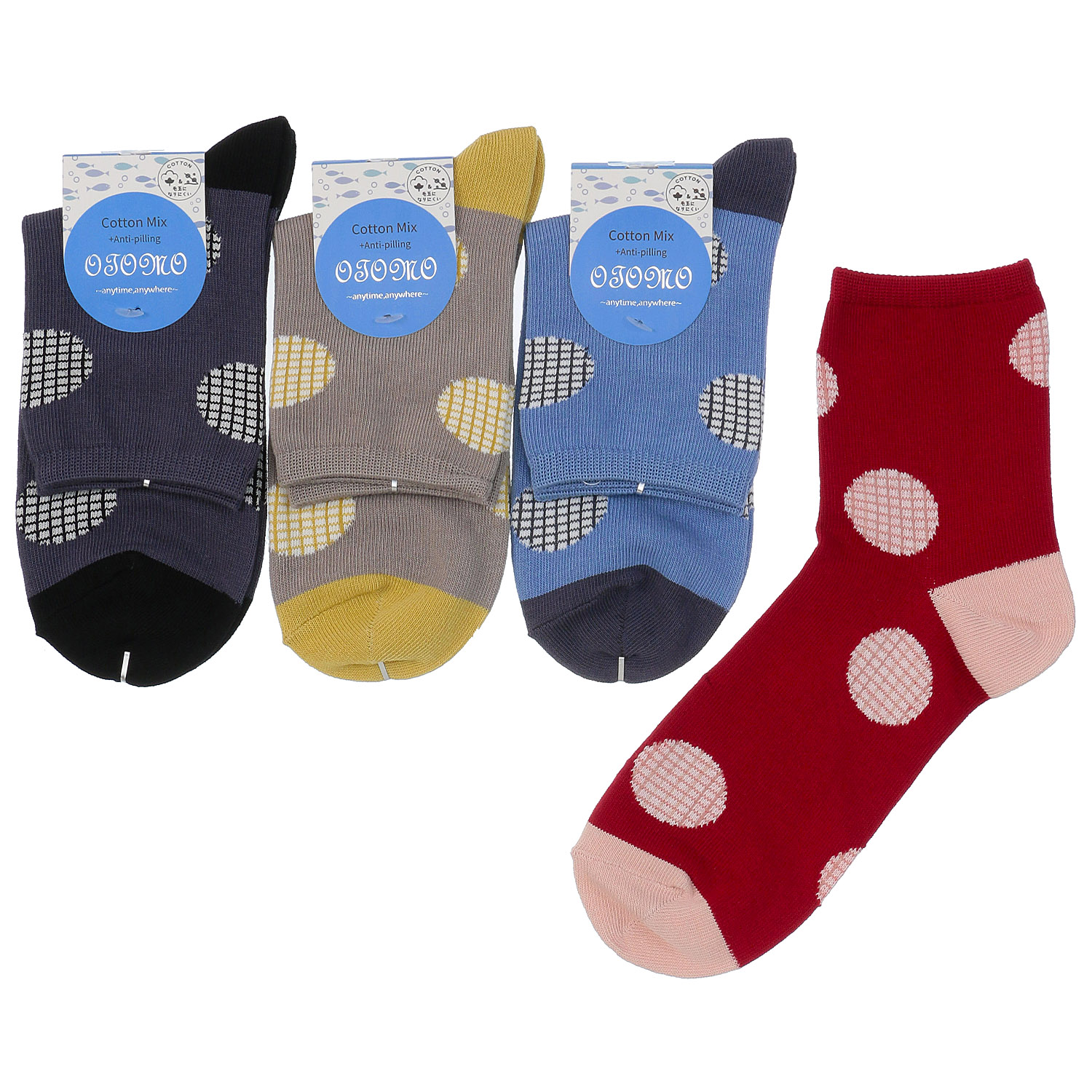 ロークルー丈 抗ピル加工 2面切替格子 大ドット - 画像1