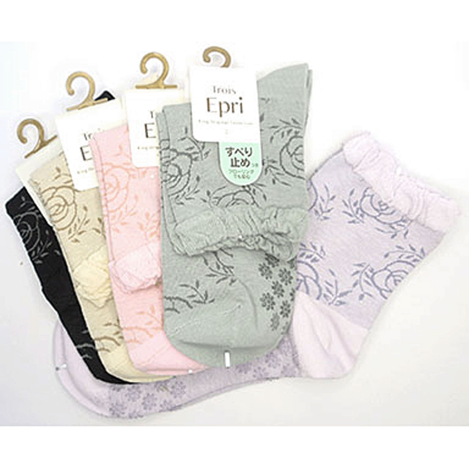 クルーソックス スパイラルライン薔薇柄 滑り止め付き