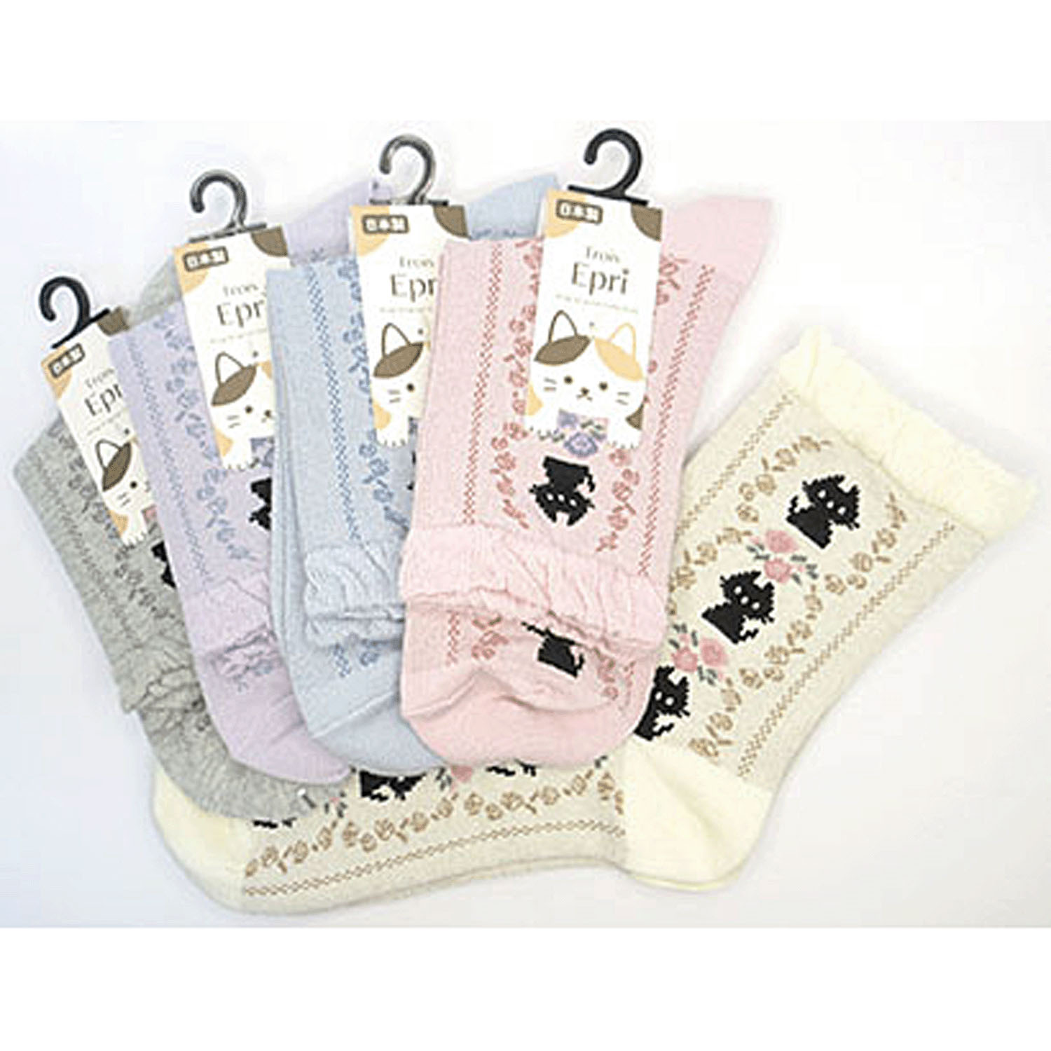 クルーソックス スパイラル縦ライン猫 - 画像1