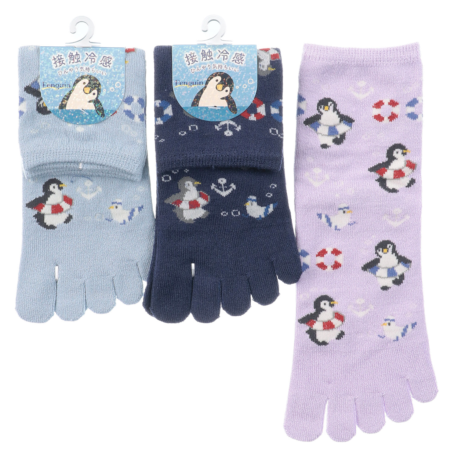 5本指 接触冷感 ロークルー丈 ペンギンと浮き輪総柄 - 画像1