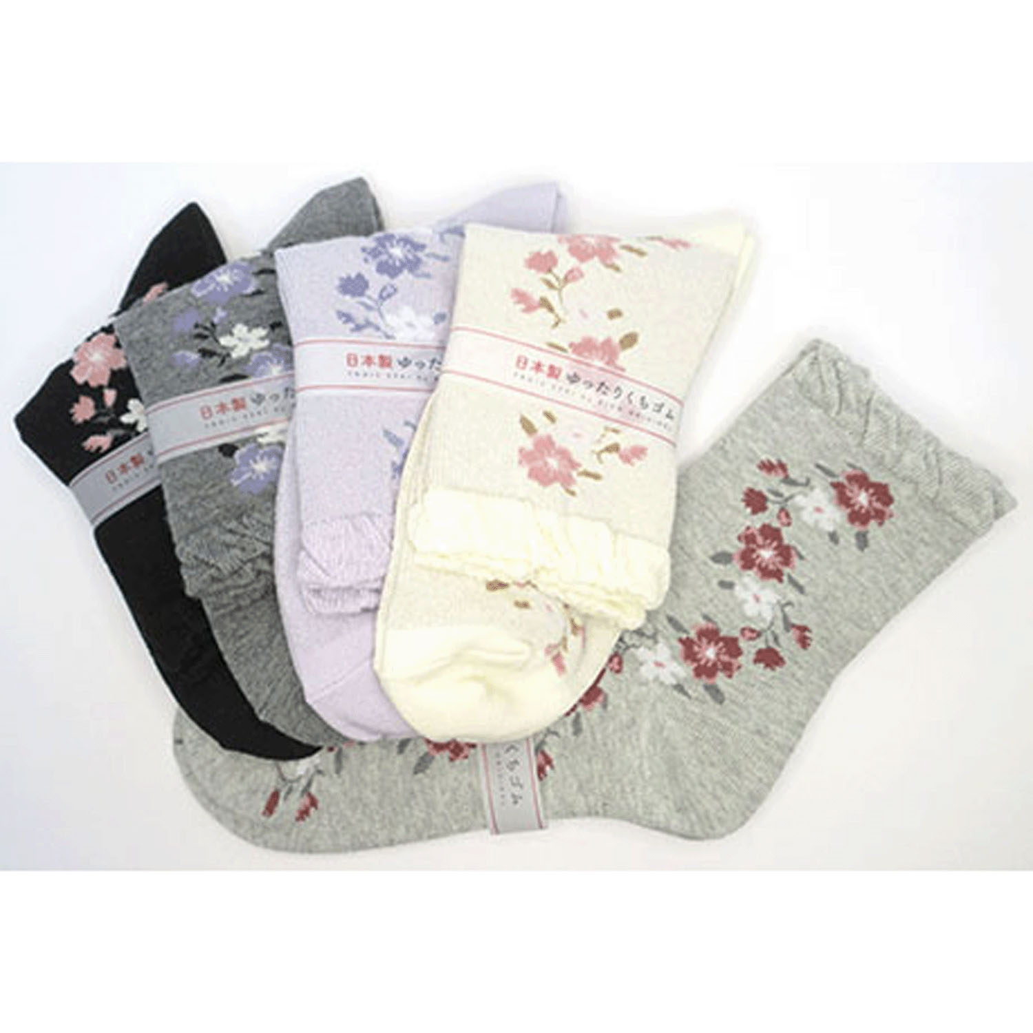 クルーソックス 縦ライン花 - 画像1