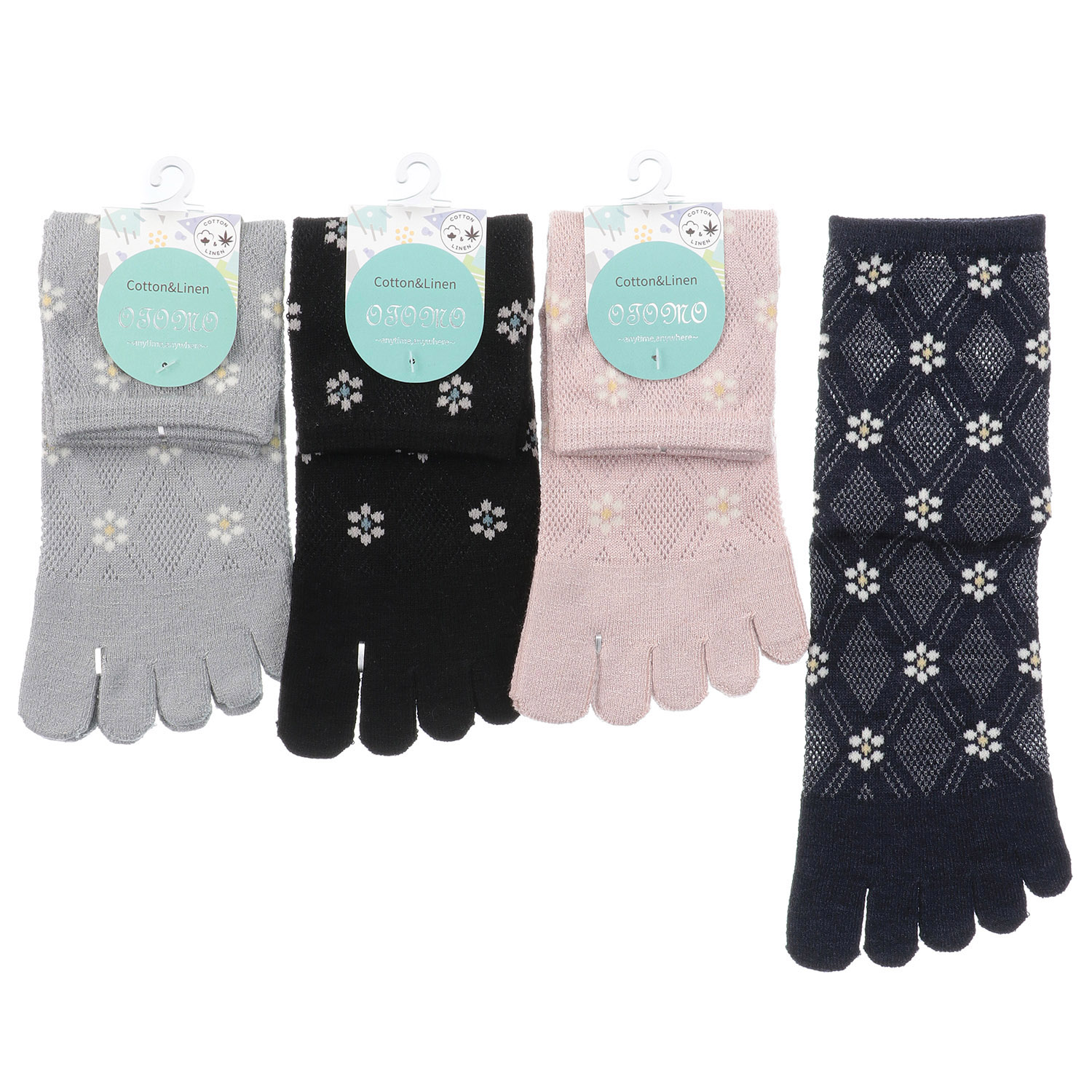 5本指 ロークルー丈 綿麻入り メッシュ小花ダイヤ