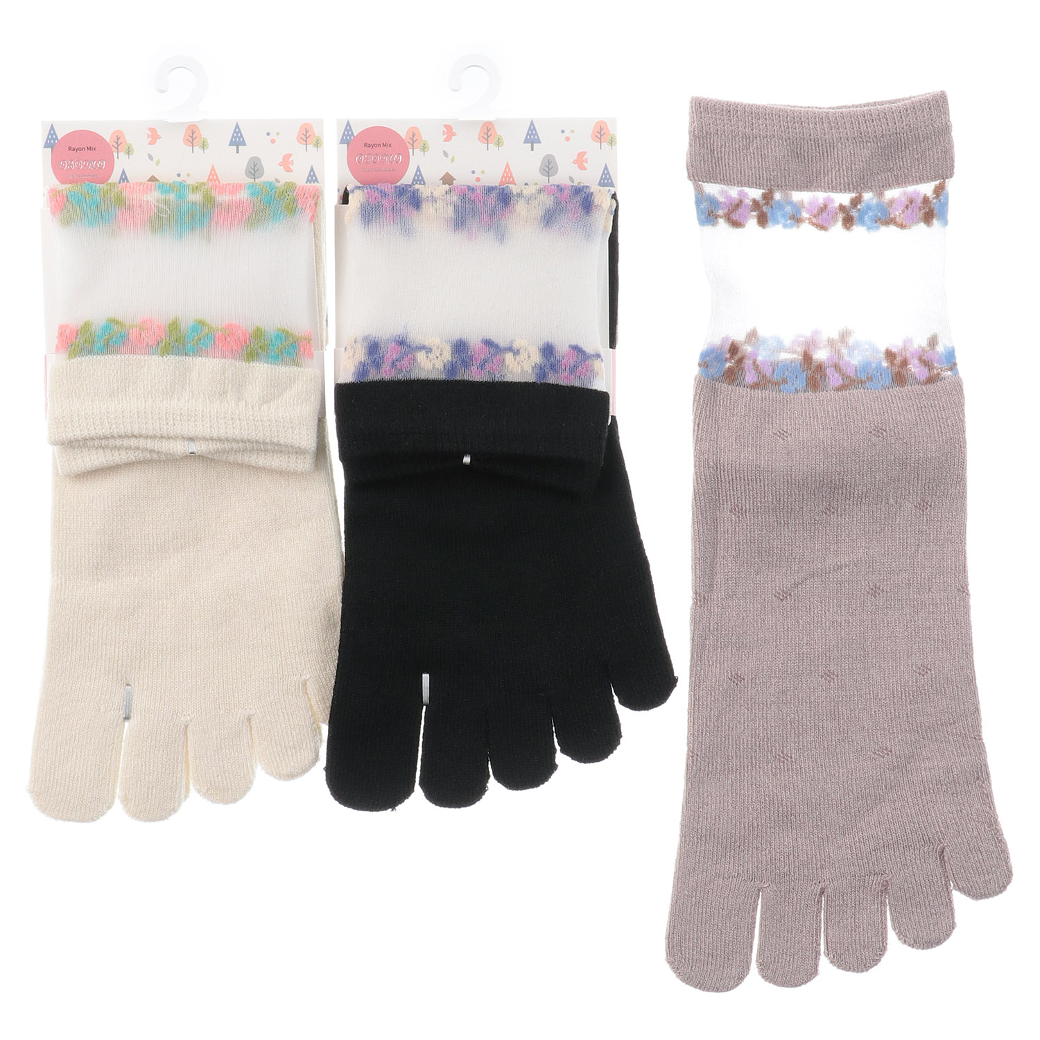 5本指 部分シースルー ロークルー丈 蔦花