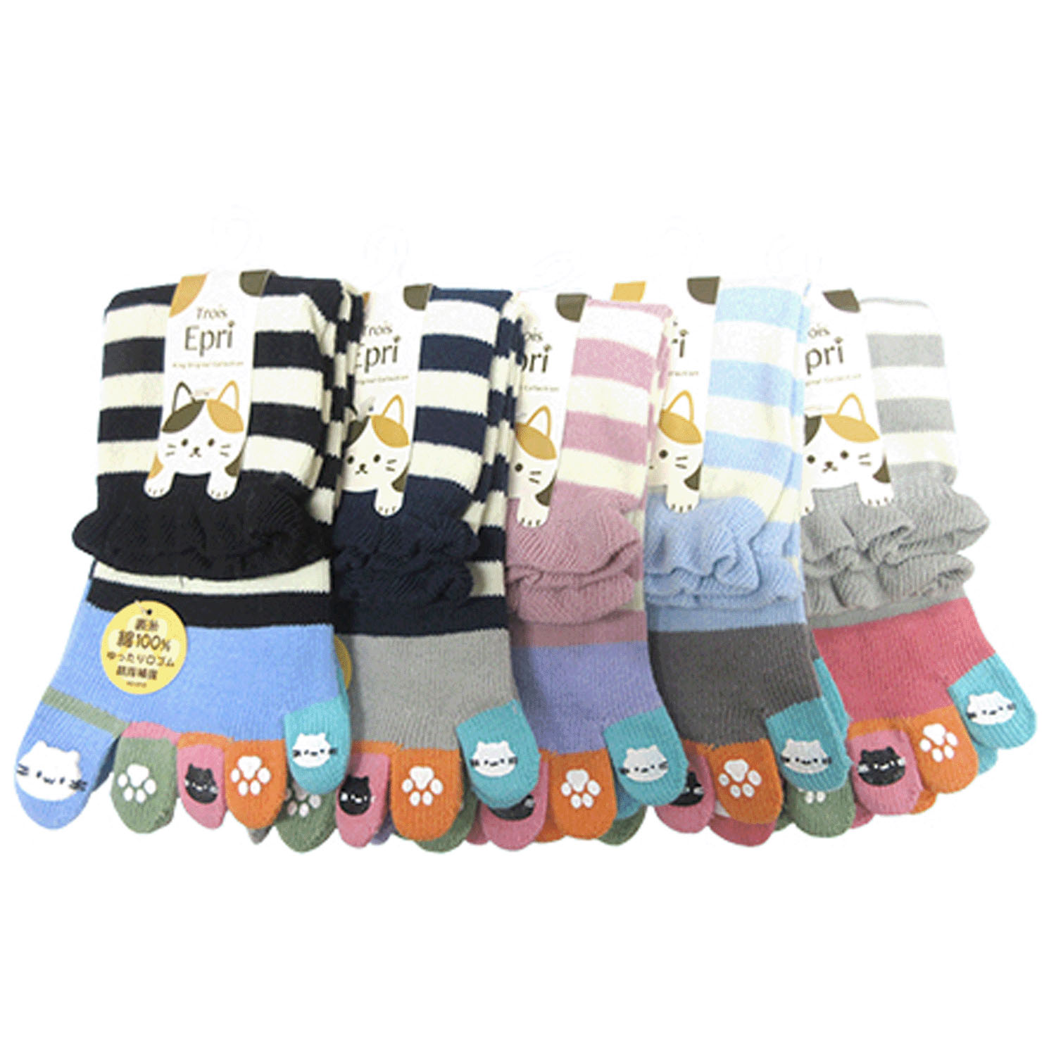 クルー丈 5本指 ボーダー＆指先猫プリント - 画像1