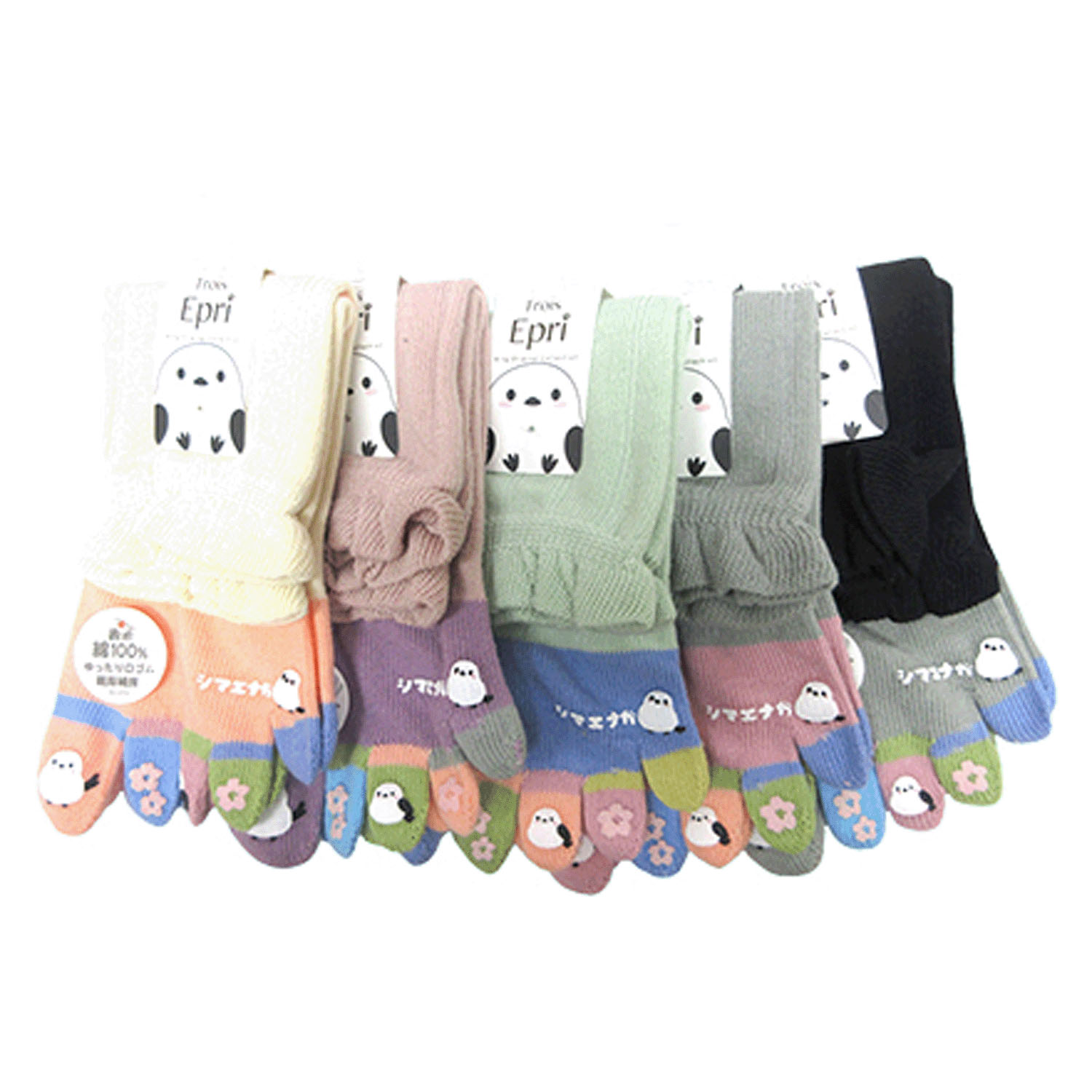 クルー丈 5本指 リブ入り 指先シマエナガプリント