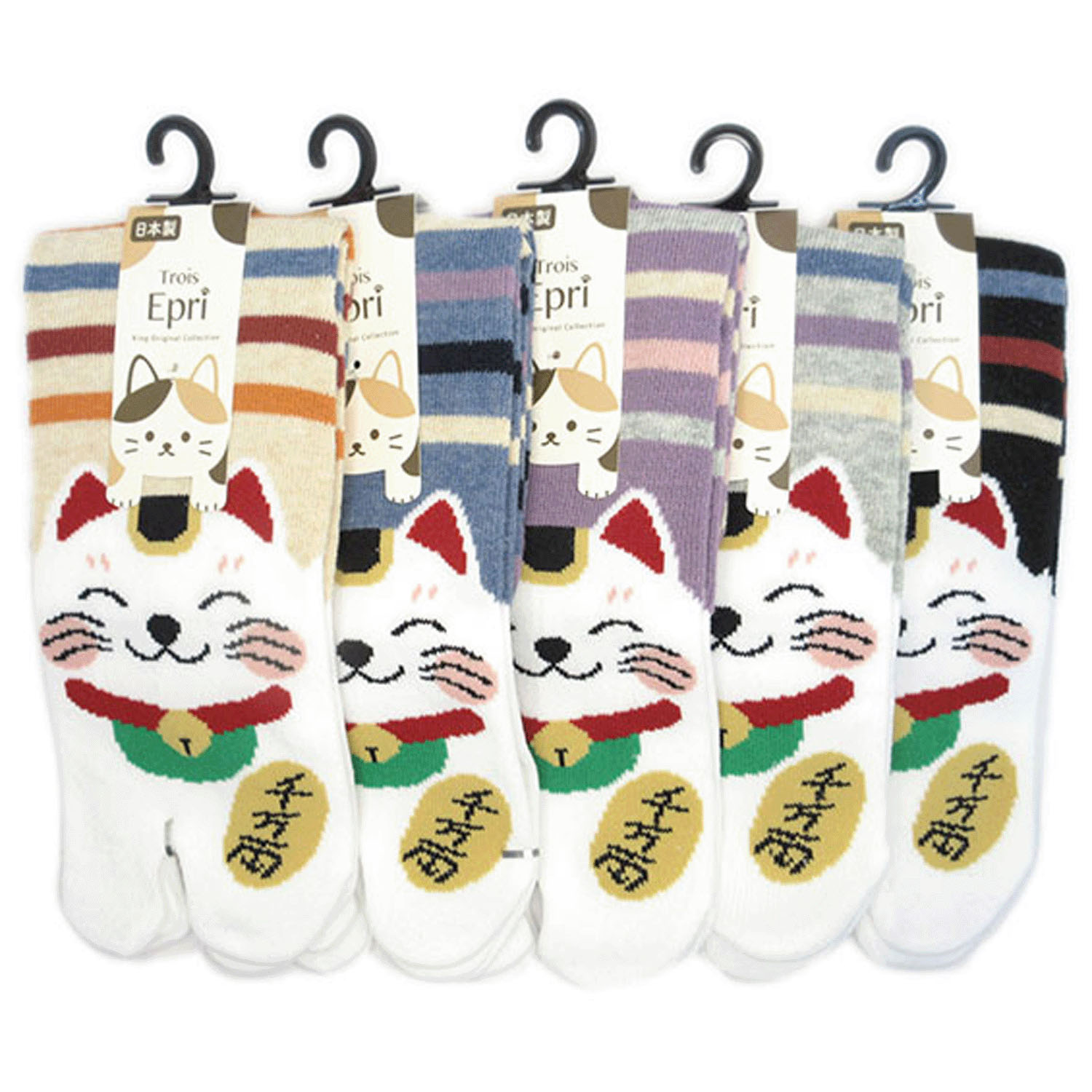 足袋 招き猫カラフルボーダー - 画像1