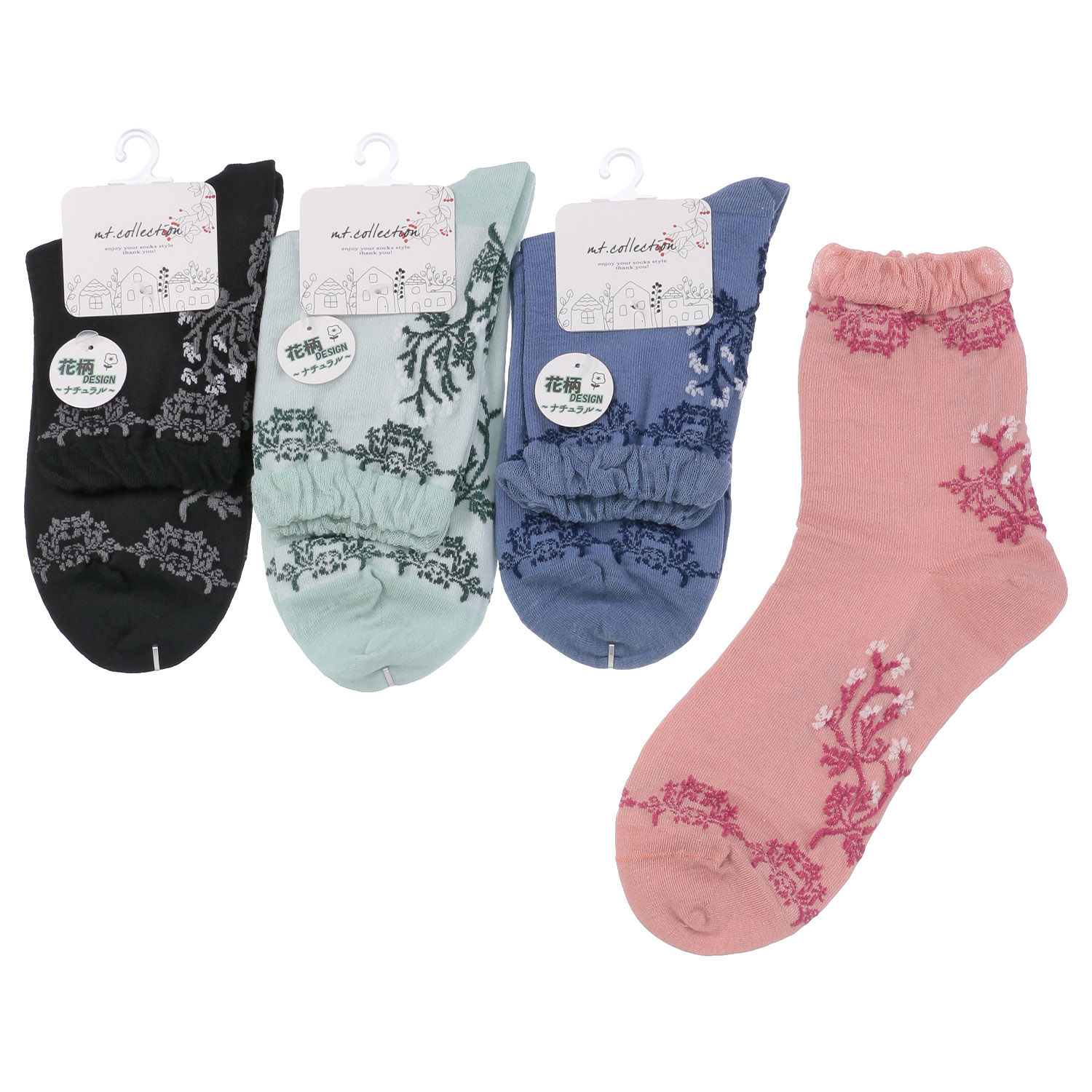 クルー丈 フロート花草柄 靴下 - 画像1