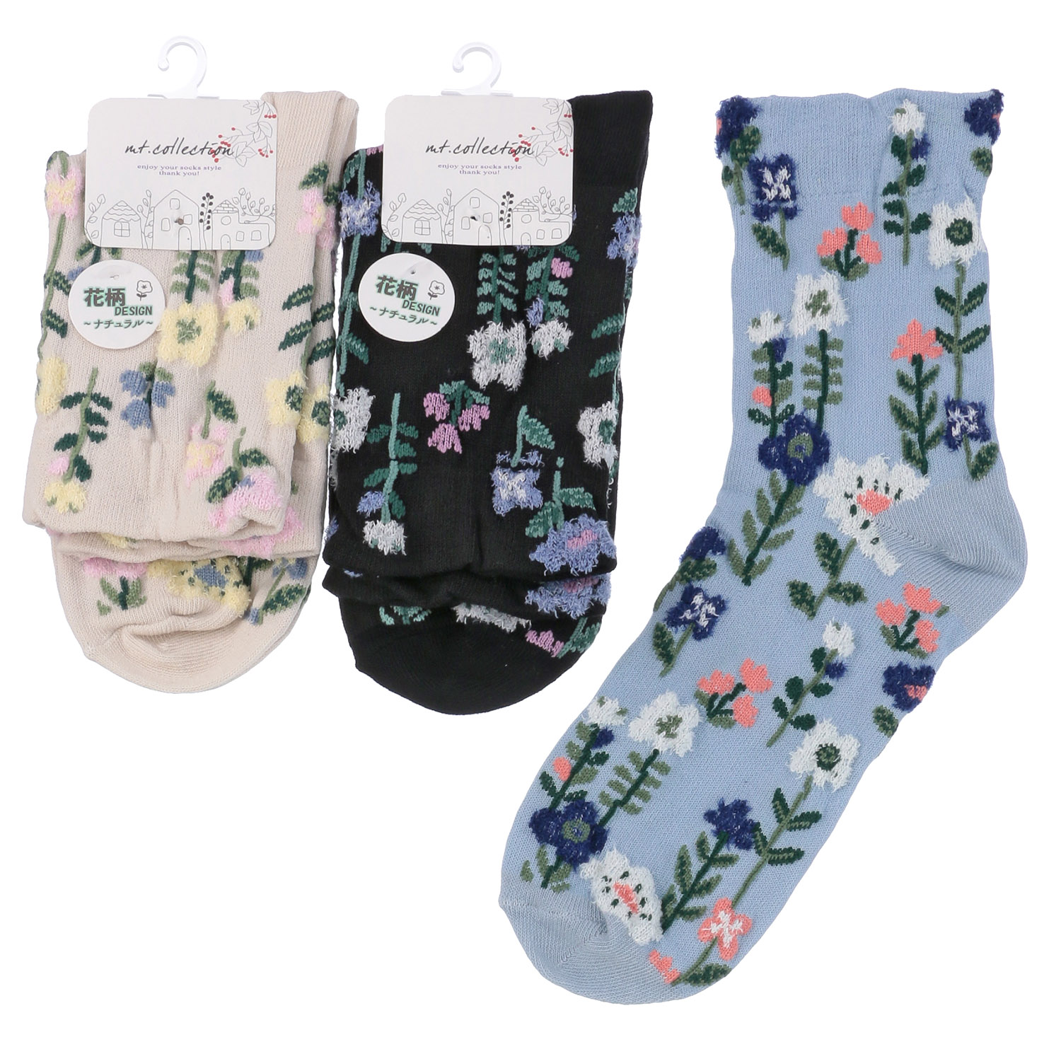 クルー丈丈 モール花柄 靴下