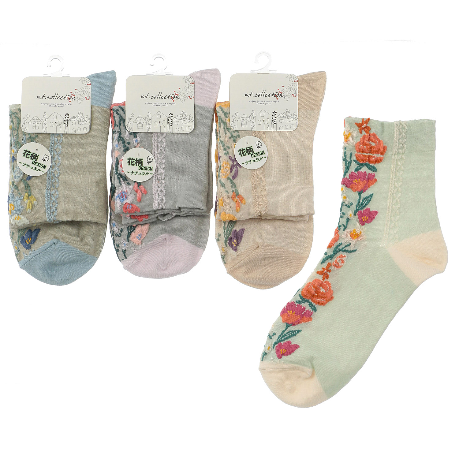 クルー丈 フロート縦花柄 靴下 - 画像1